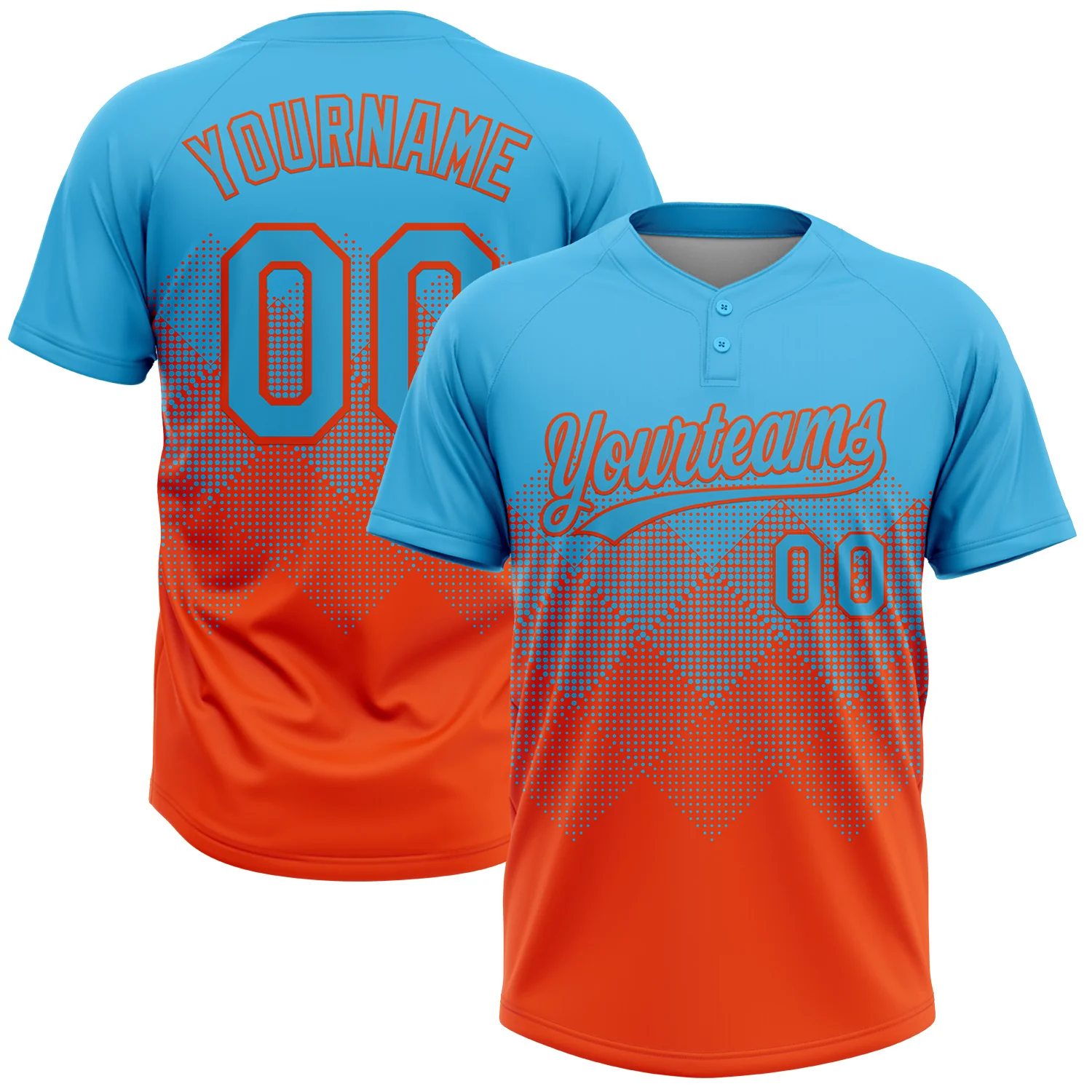 Custom Sky Blue Orange 3D Gradient Square Shape Two-Button Unisex Softball Jersey