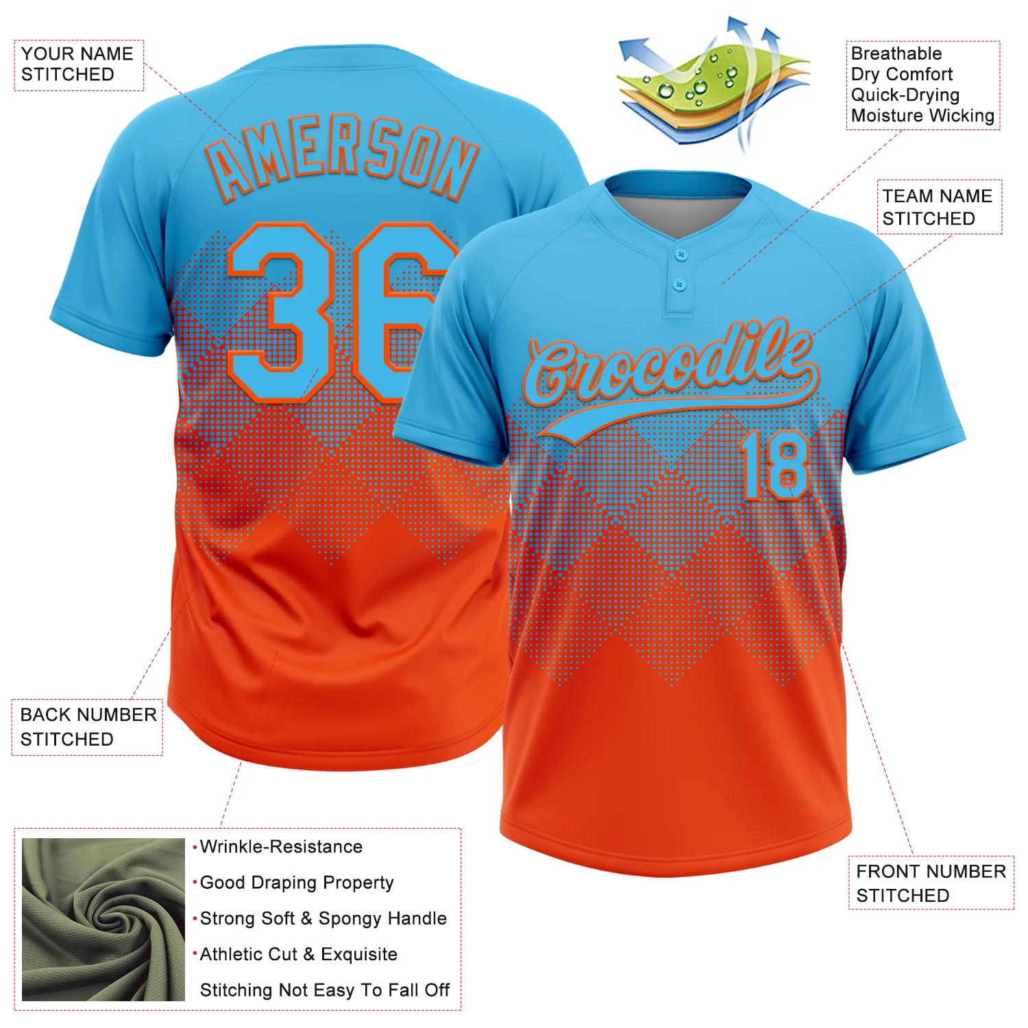 Custom Sky Blue Orange 3D Gradient Square Shape Two-Button Unisex Softball Jersey - Image 3