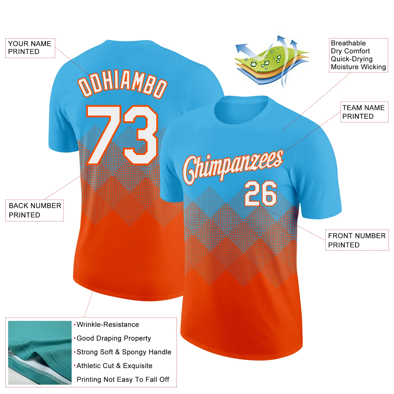 Custom Sky Blue White-Orange 3D Pattern Design Gradient Square Shapes Performance T-Shirt - Image 2