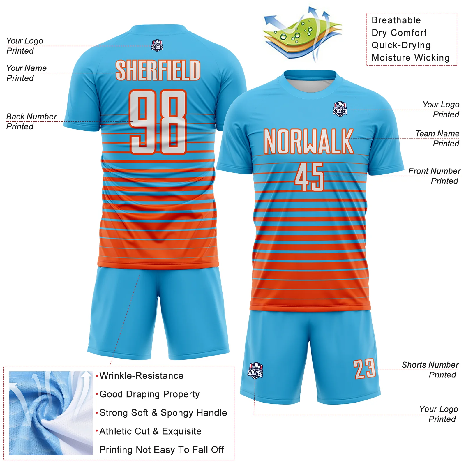 Custom Sky Blue White-Orange Gradient Pinstripe Sublimation Soccer Uniform Jersey - Image 4