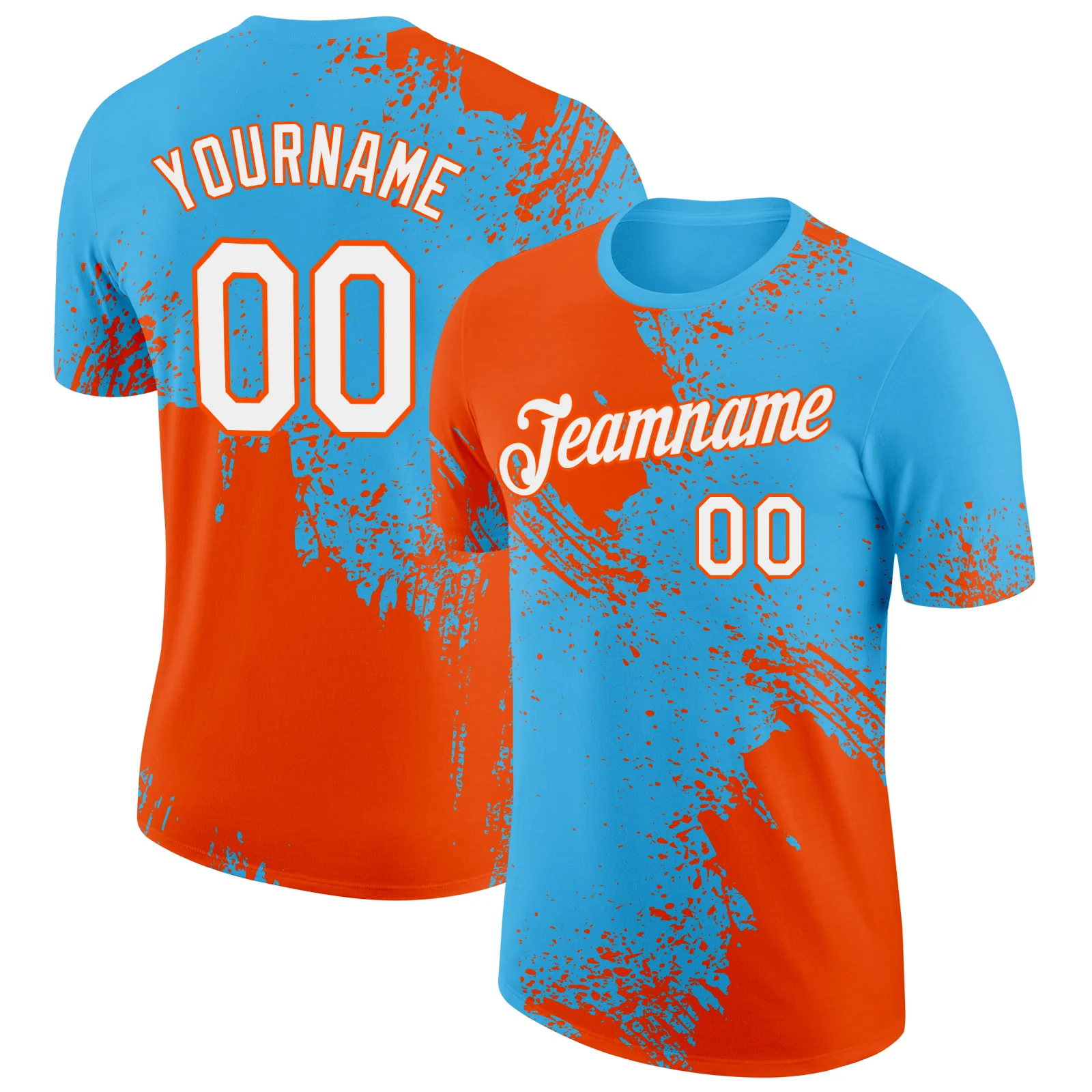 Custom Sky Blue White-Orange 3D Pattern Design Abstract Brush Stroke Performance T-Shirt