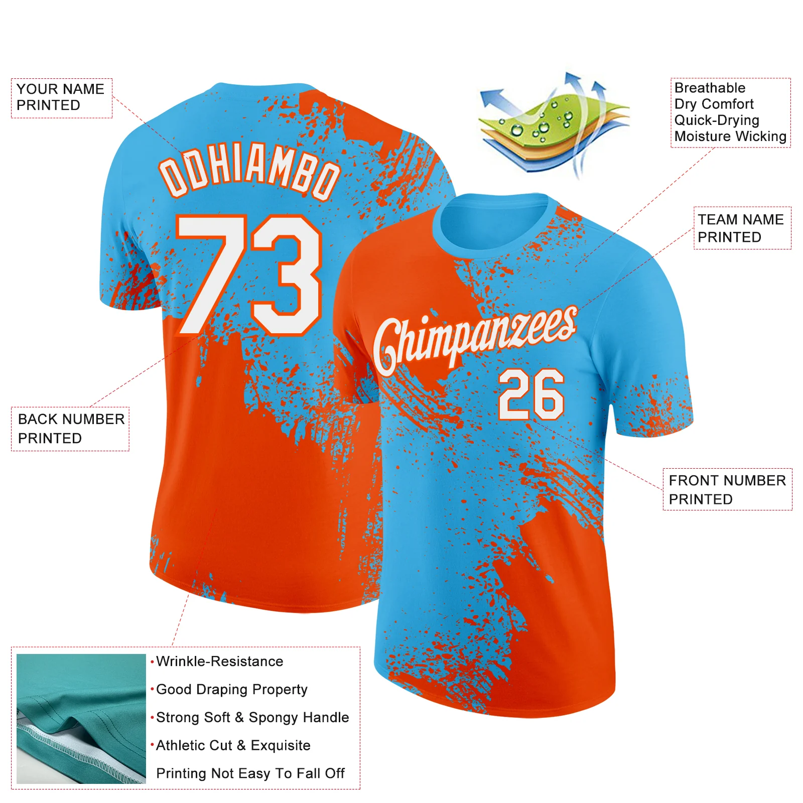 Custom Sky Blue White-Orange 3D Pattern Design Abstract Brush Stroke Performance T-Shirt - Image 2