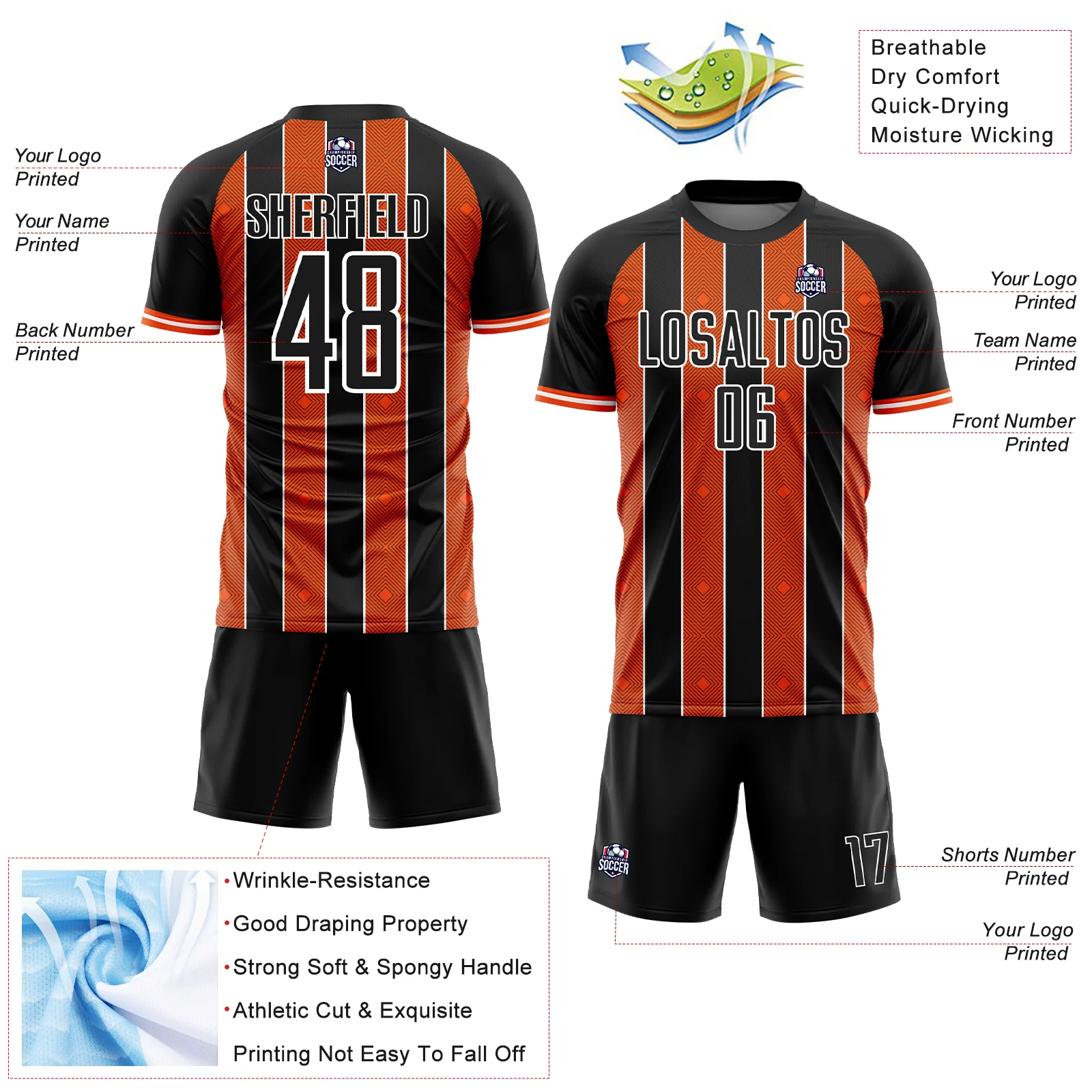 Custom Black Orange-White Pinstripe Line Sports Sublimation Soccer Uniform Jersey - Image 4