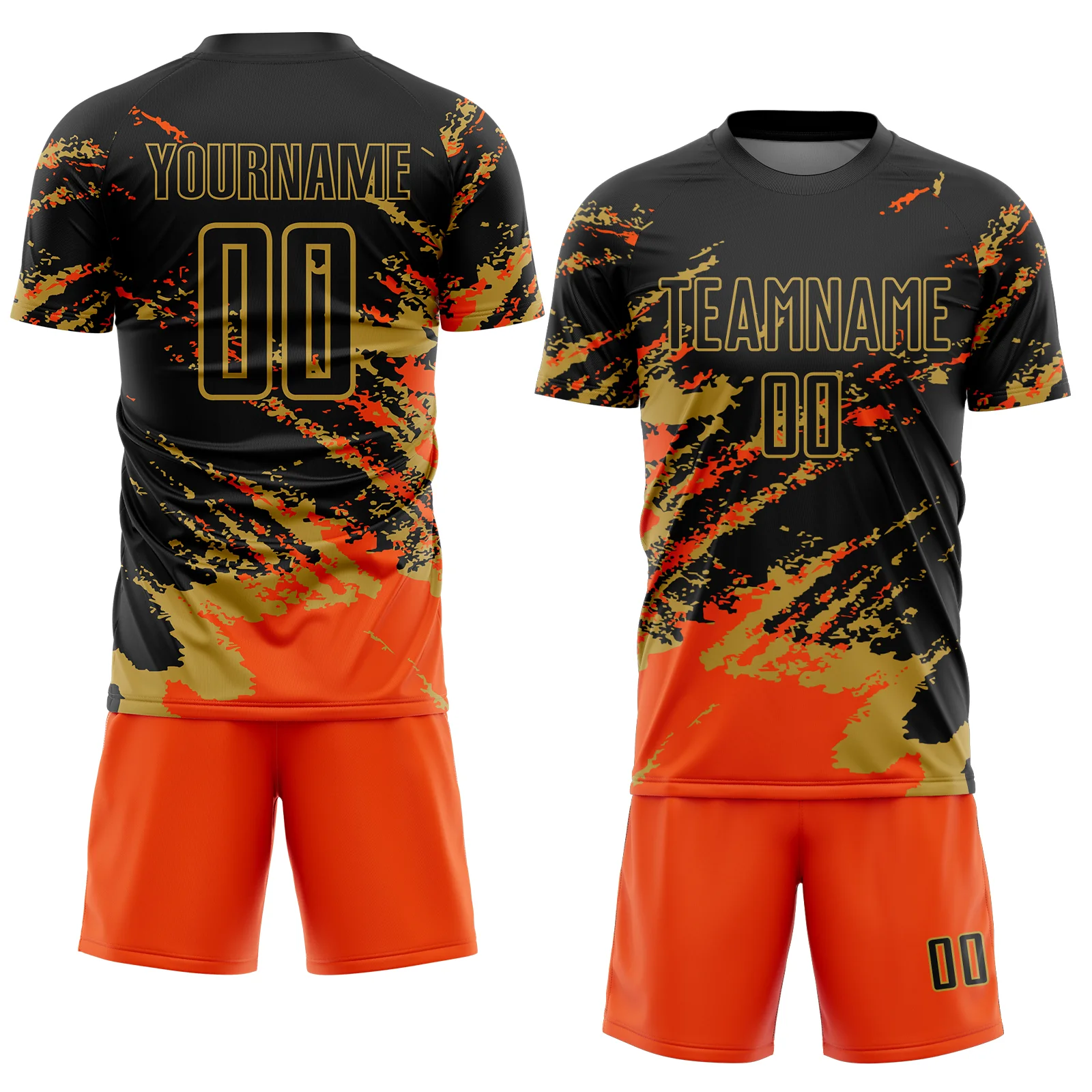 Custom Black Orange-Old Gold Abstract Fragment Art Splash Sports Sublimation Soccer Uniform Jersey - Image 2