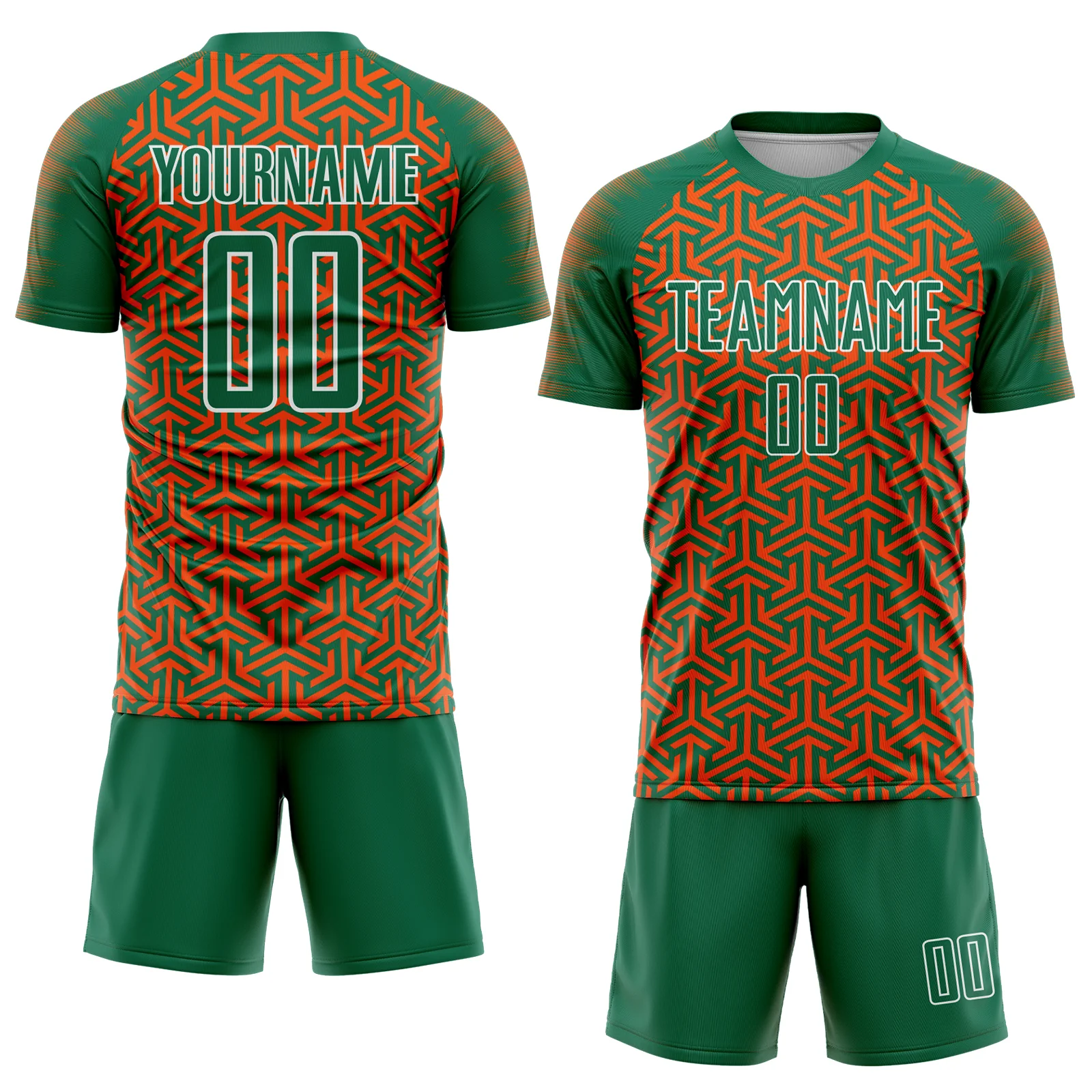 Custom Kelly Green Orange-White Geometric Arrow Sublimation Soccer Uniform Jersey - Image 2