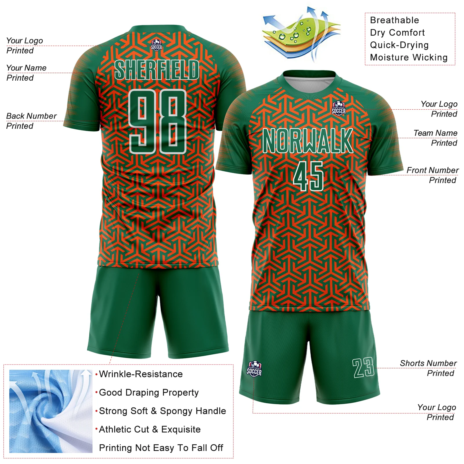 Custom Kelly Green Orange-White Geometric Arrow Sublimation Soccer Uniform Jersey - Image 4