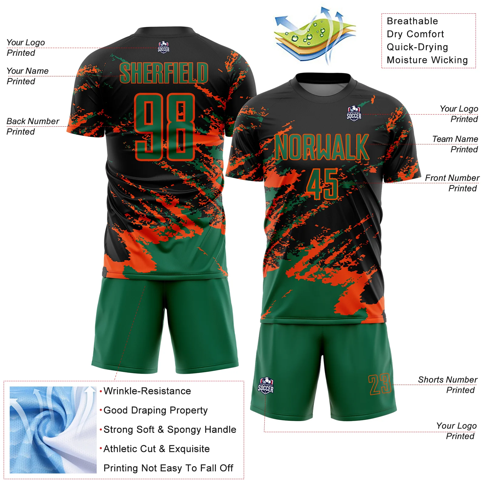 Custom Black Kelly Green-Orange Abstract Fragment Art Splash Sports Sublimation Soccer Uniform Jersey - Image 4