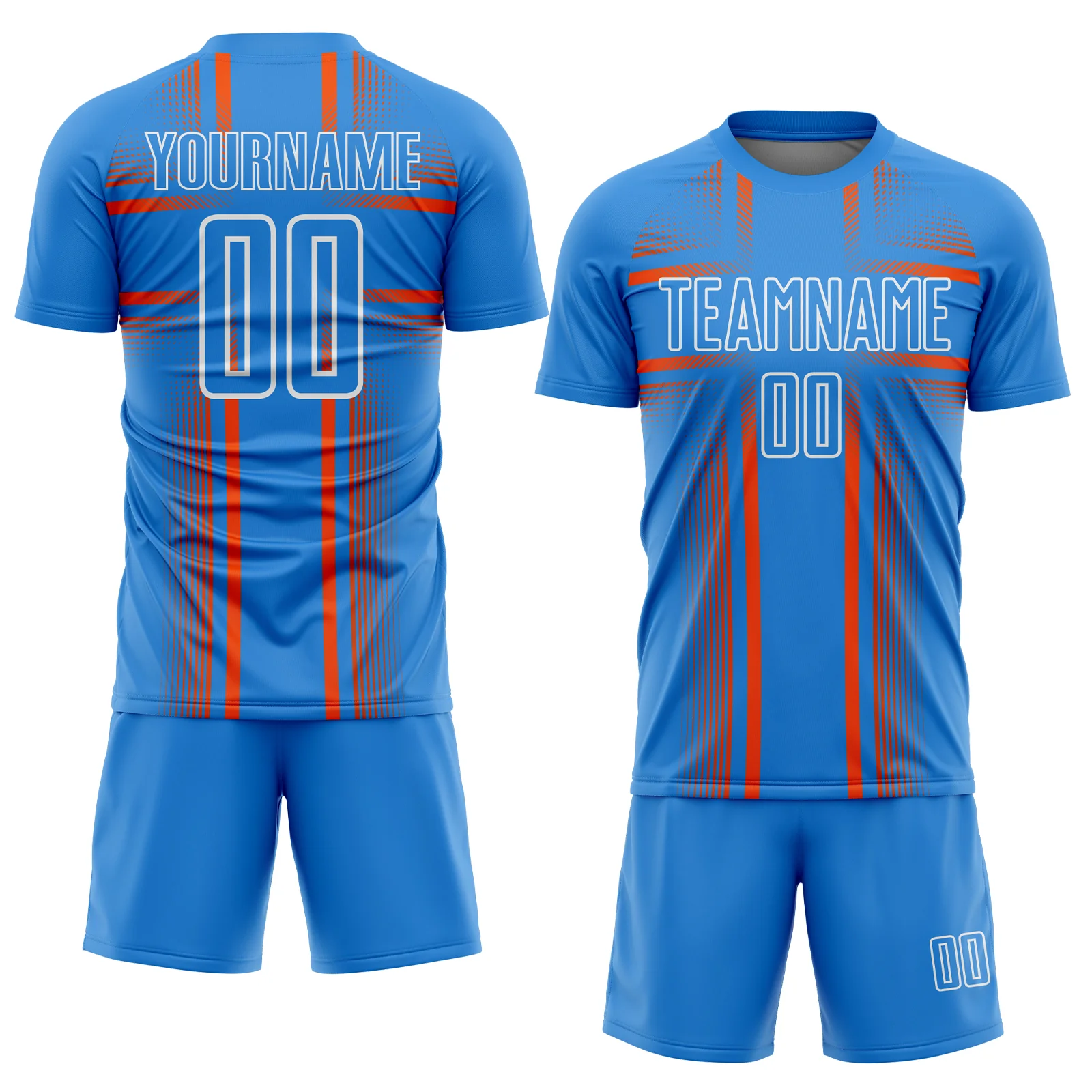Custom Powder Blue Orange-White Lines Sublimation Soccer Uniform Jersey - Image 2