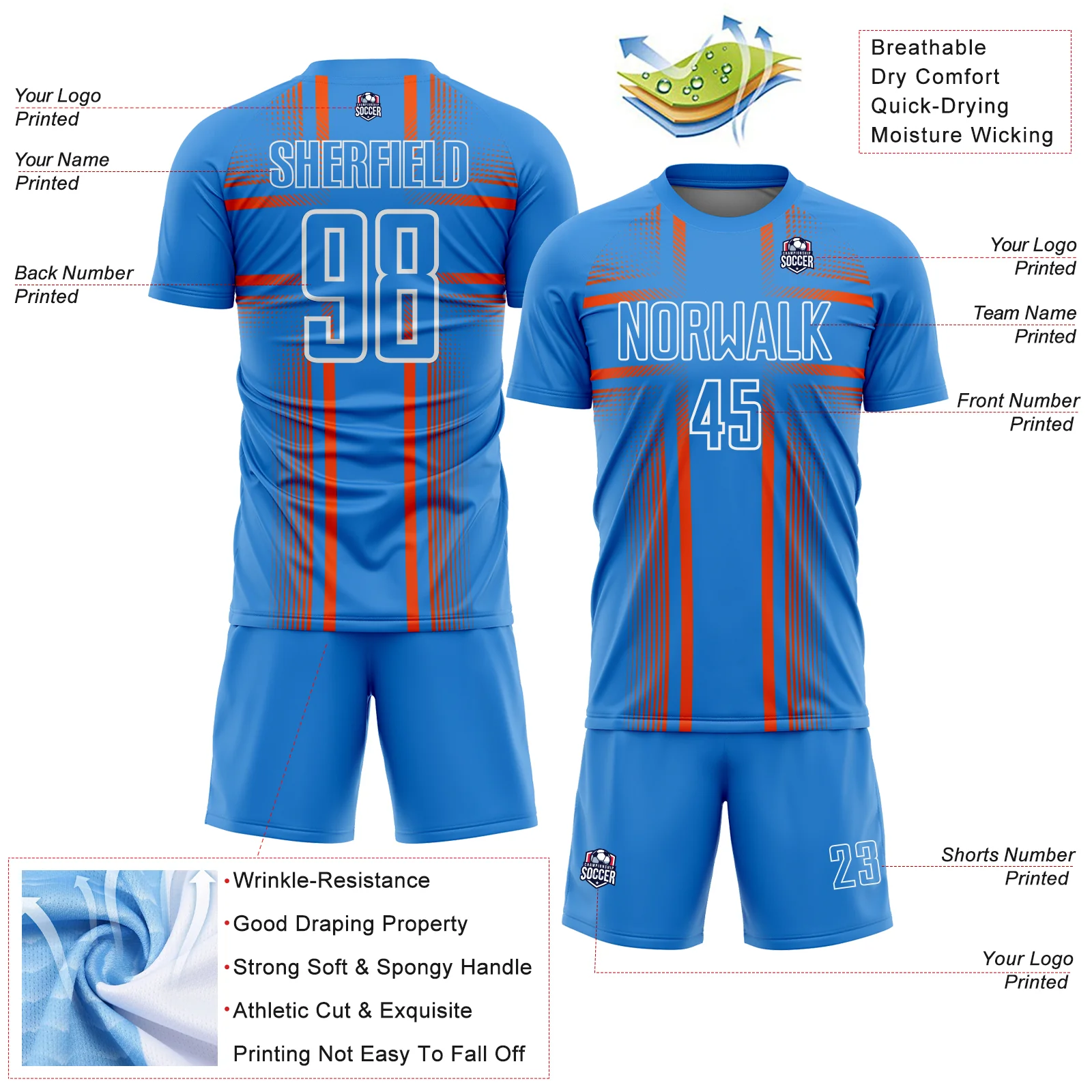 Custom Powder Blue Orange-White Lines Sublimation Soccer Uniform Jersey - Image 4