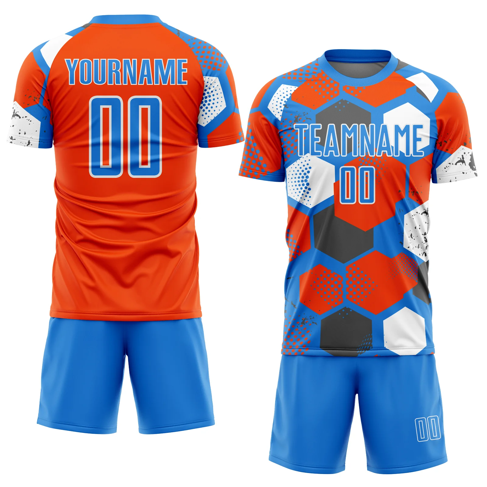 Custom Powder Blue Orange-White Geometric Shape Sublimation Soccer Uniform Jersey - Image 2