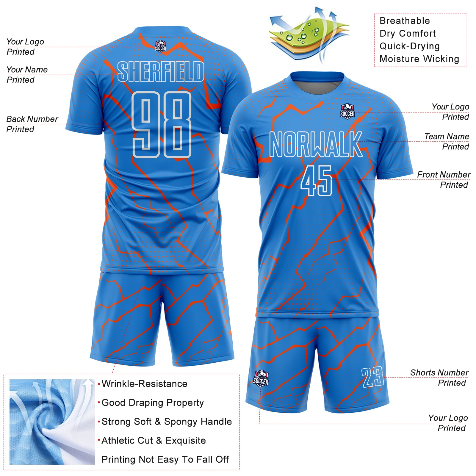 Custom Powder Blue Orange-White Lightning Sports Sublimation Soccer Uniform Jersey - Image 4