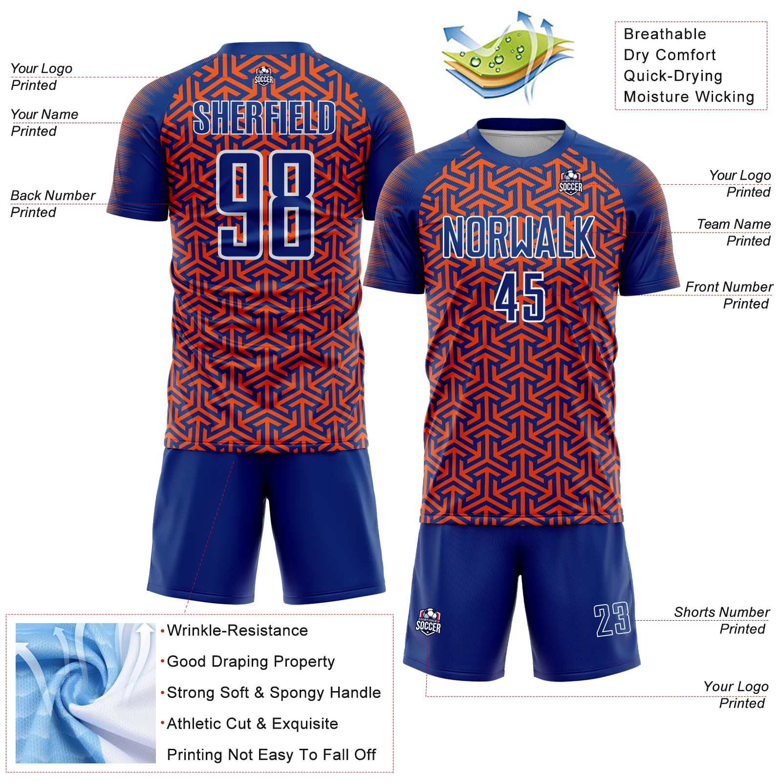 Custom Royal Orange-White Geometric Arrow Sublimation Soccer Uniform Jersey - Image 4