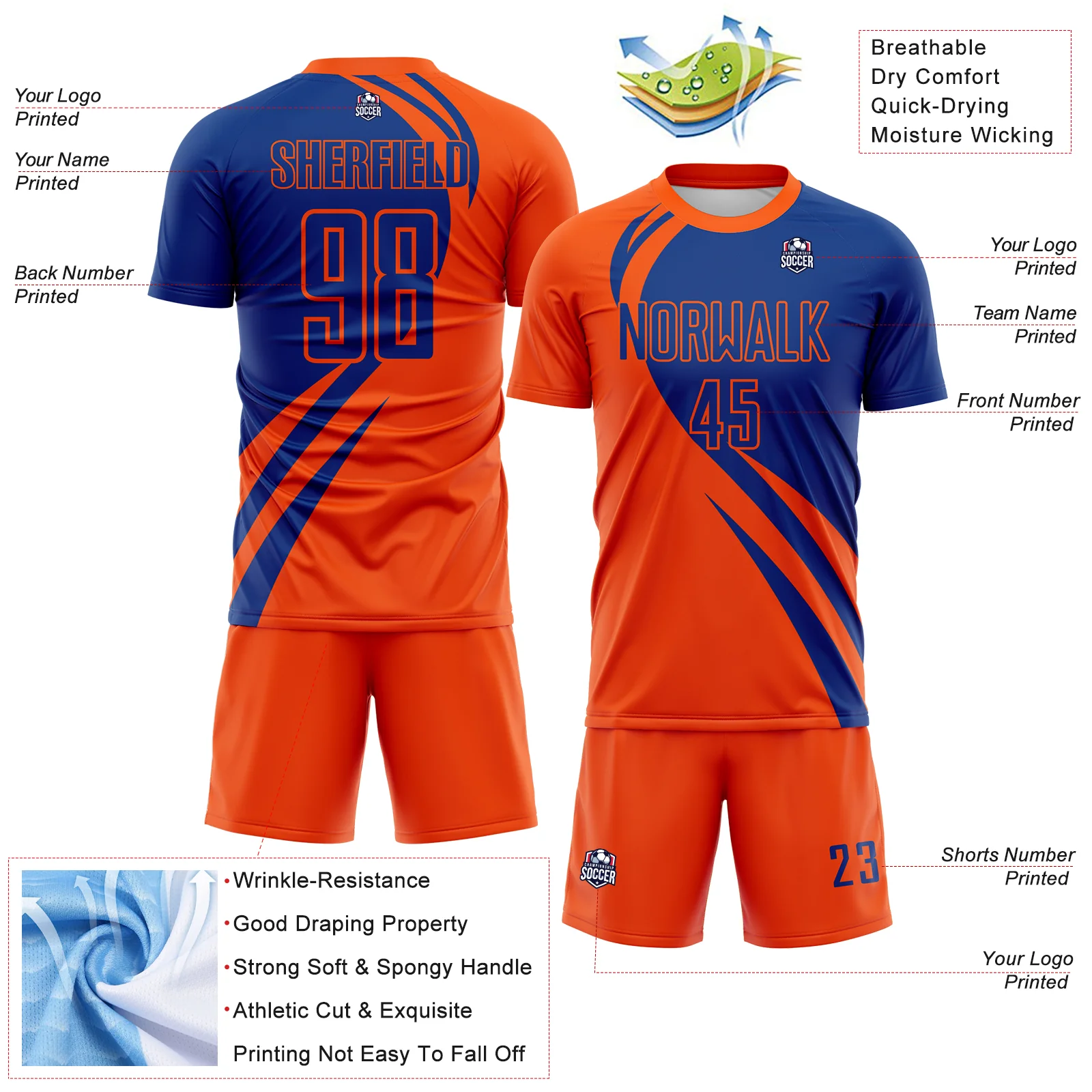 Custom Orange Royal Diagonal Streamline Color Block Swirl Curve Lines Sublimation Soccer Uniform Jersey - Image 3