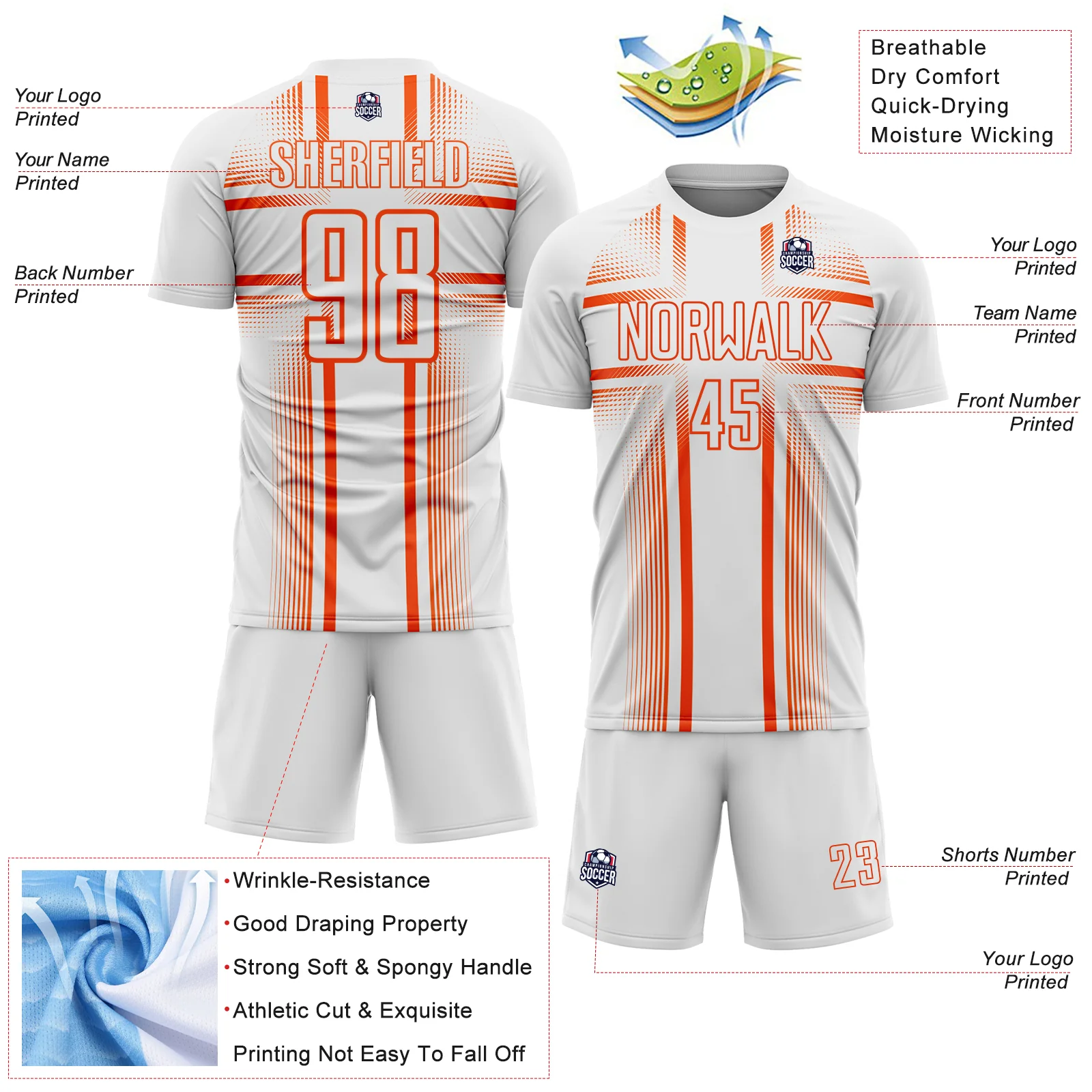Custom White Orange Lines Sublimation Soccer Uniform Jersey - Image 4