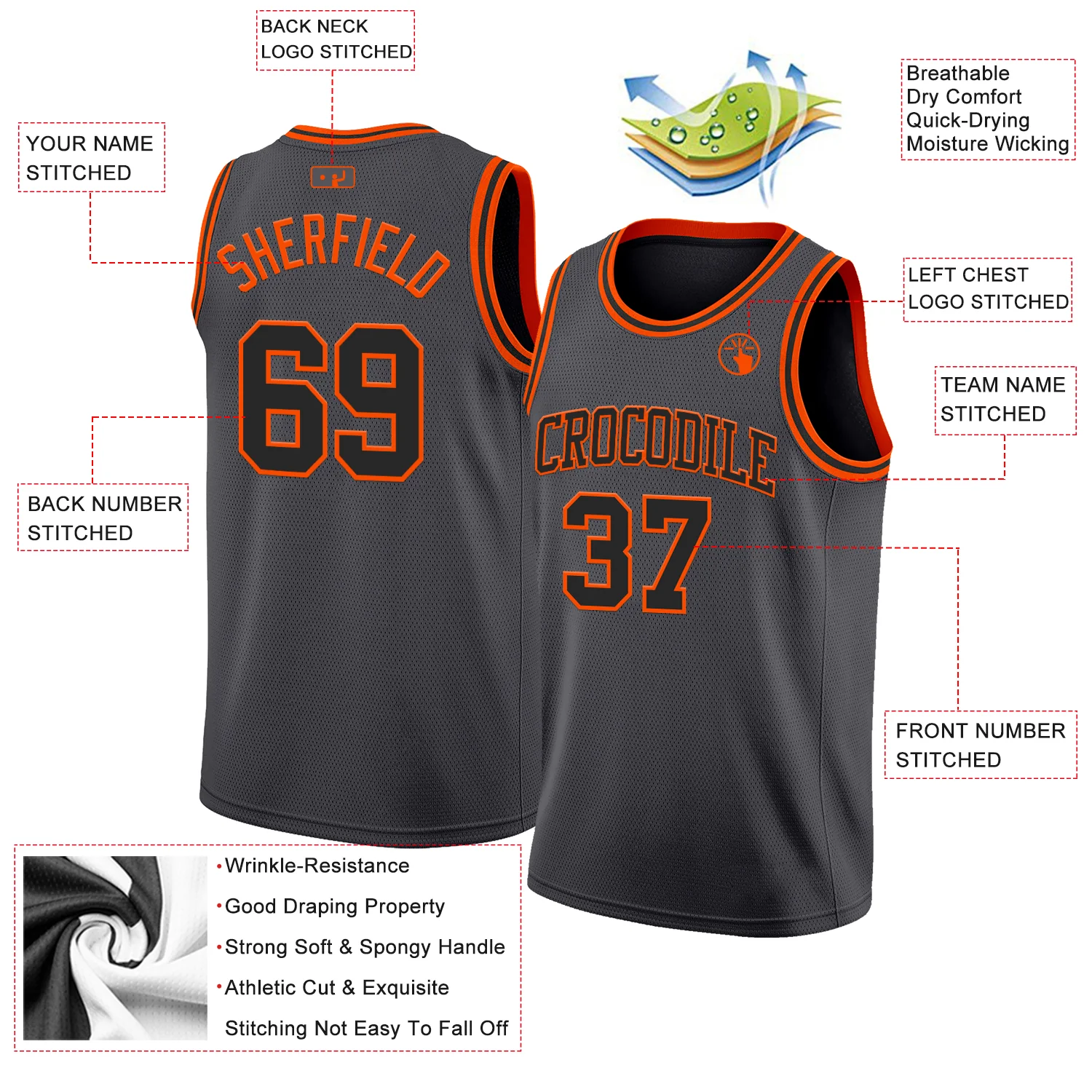 Custom Steel Gray Black-Orange Authentic Basketball Jersey - Image 2