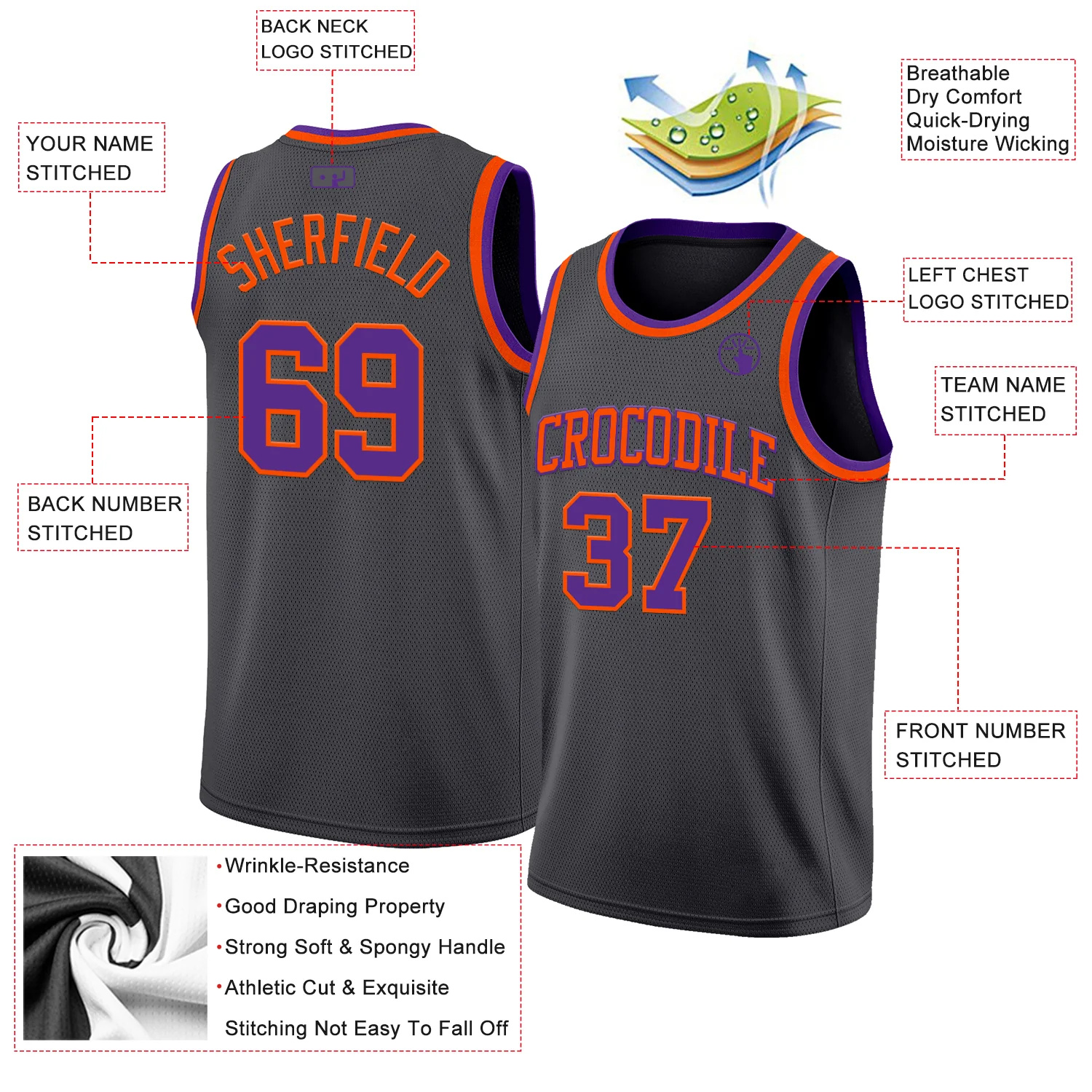 Custom Steel Gray Purple-Orange Authentic Basketball Jersey - Image 2