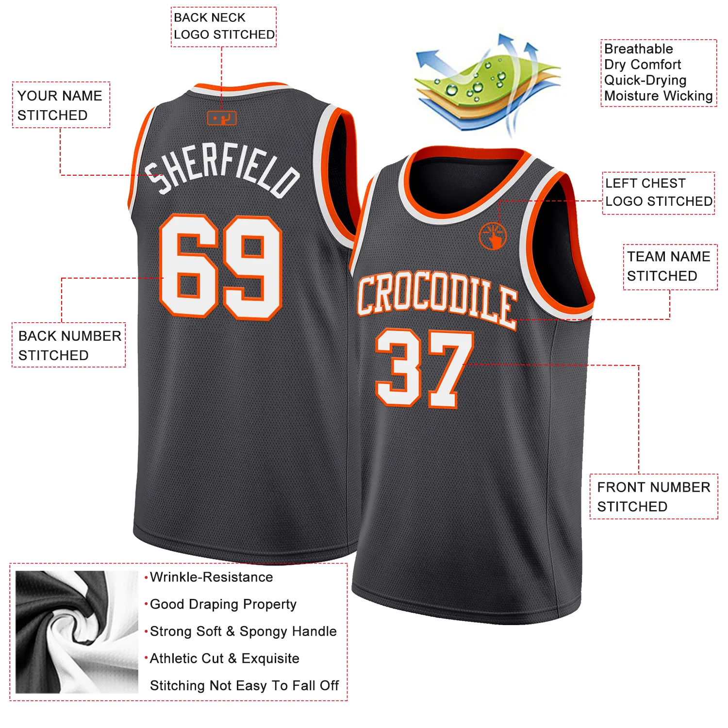 Custom Steel Gray White-Orange Authentic Basketball Jersey - Image 2