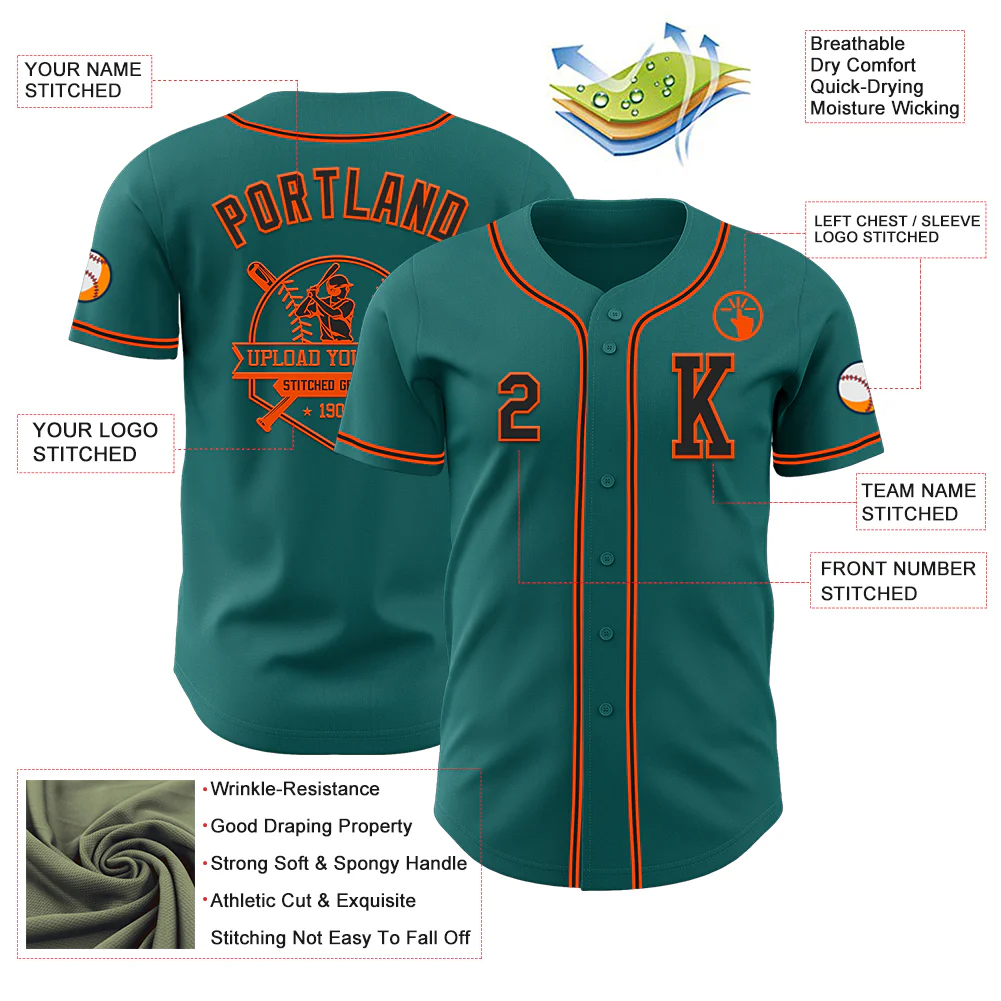 Custom Teal Black-Orange Authentic Baseball Jersey - Image 6