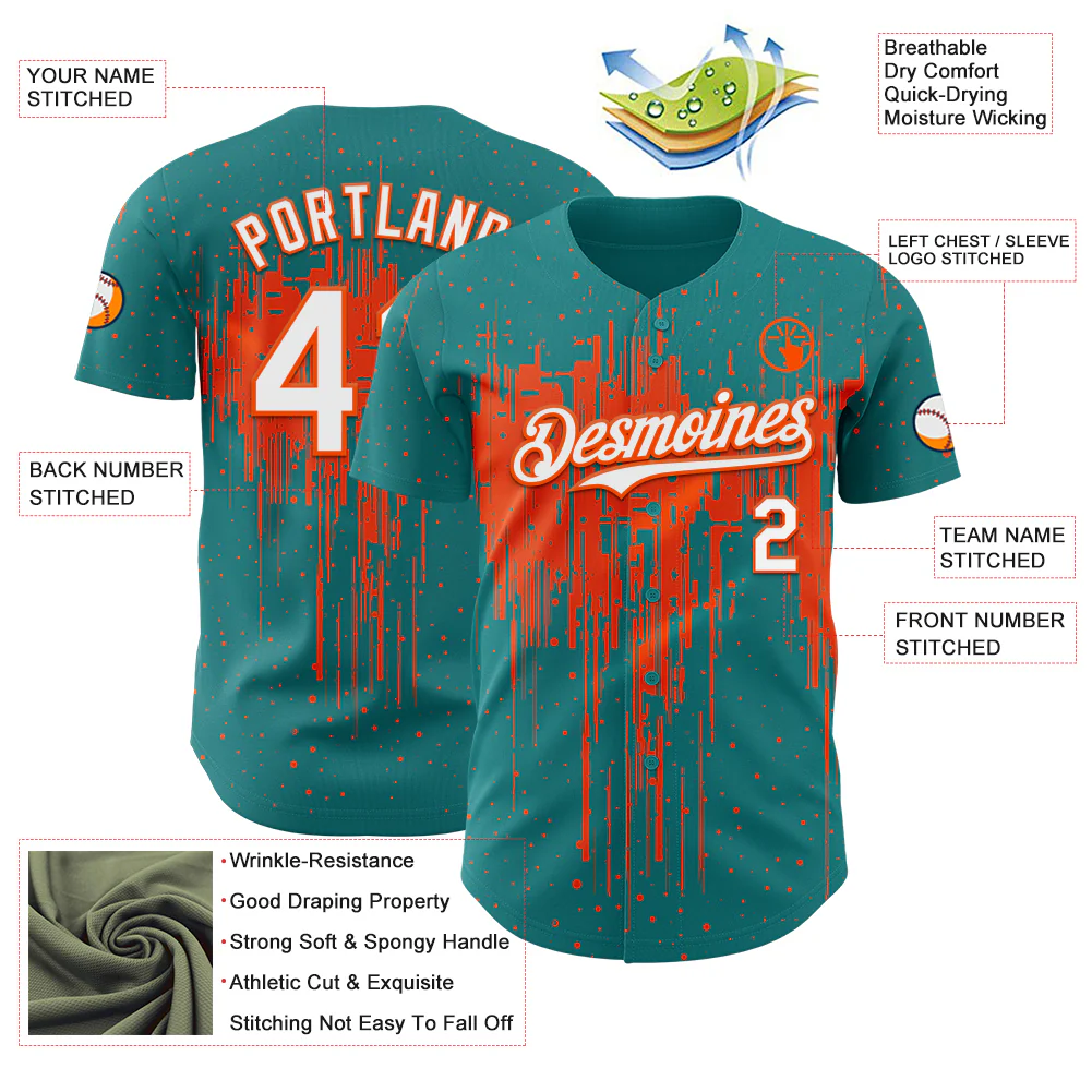 Custom Teal White-Orange Dripping Splatter Paint Authentic Baseball Jersey - Image 3