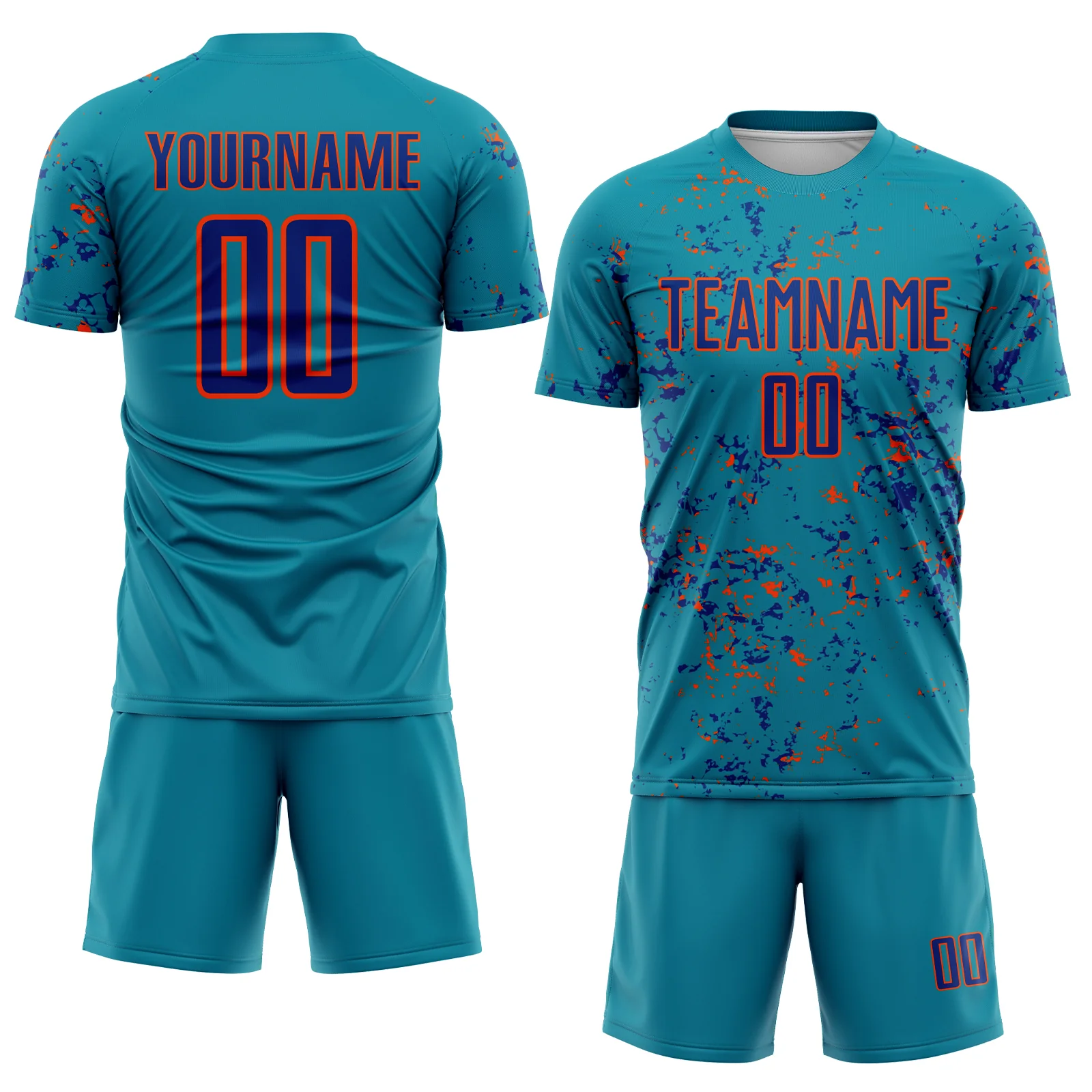 Custom Teal Royal-Orange Abstract Fragment Art Sublimation Soccer Uniform Jersey - Image 2