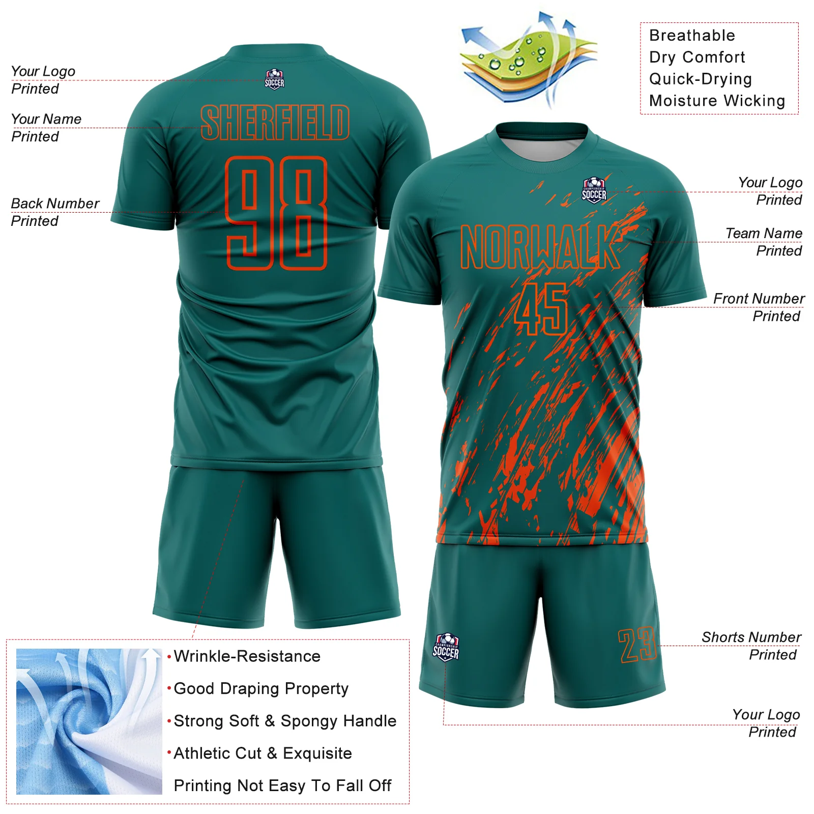 Custom Teal Orange Splash Sublimation Soccer Uniform Jersey - Image 4