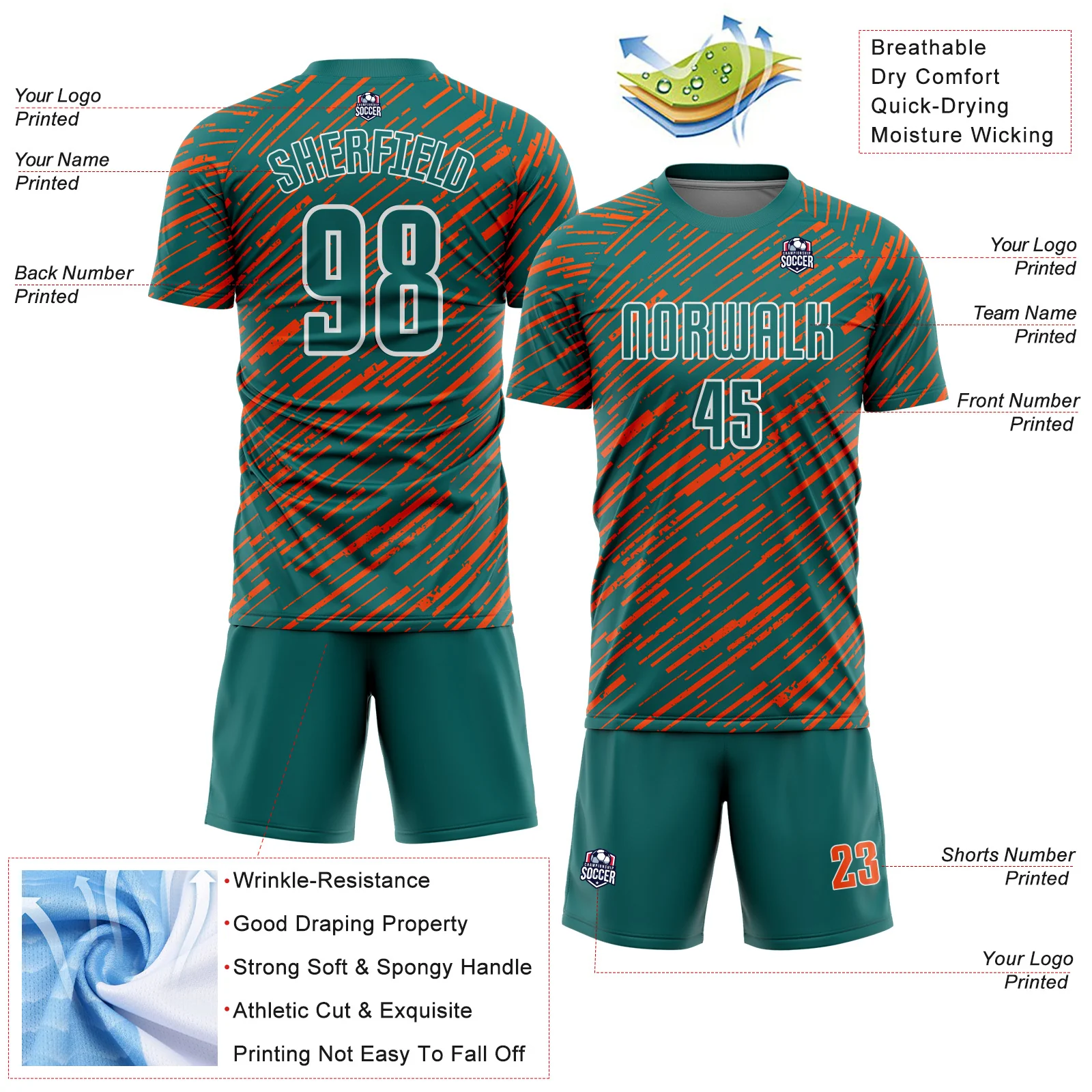 Custom Teal Orange-White Line Sports Sublimation Soccer Uniform Jersey - Image 4