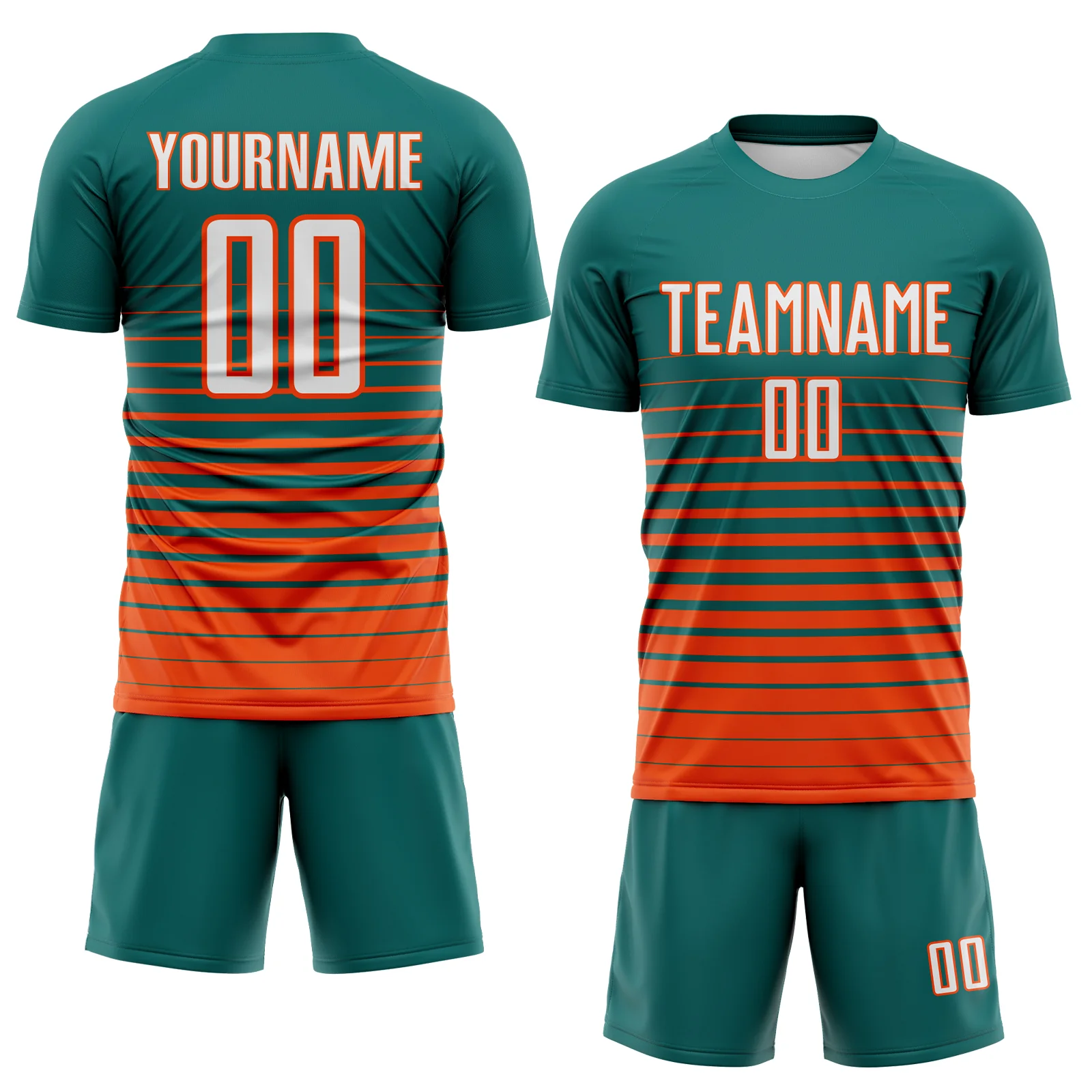 Custom Teal White-Orange Gradient Pinstripe Sublimation Soccer Uniform Jersey - Image 2