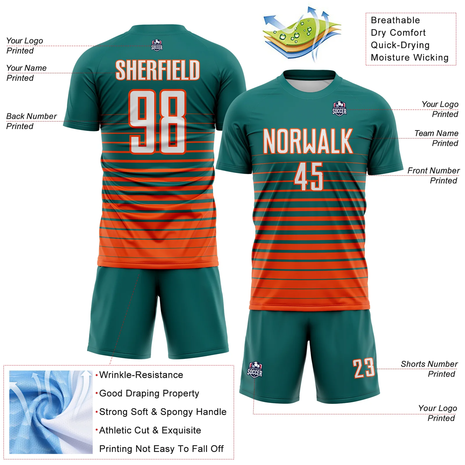 Custom Teal White-Orange Gradient Pinstripe Sublimation Soccer Uniform Jersey - Image 4