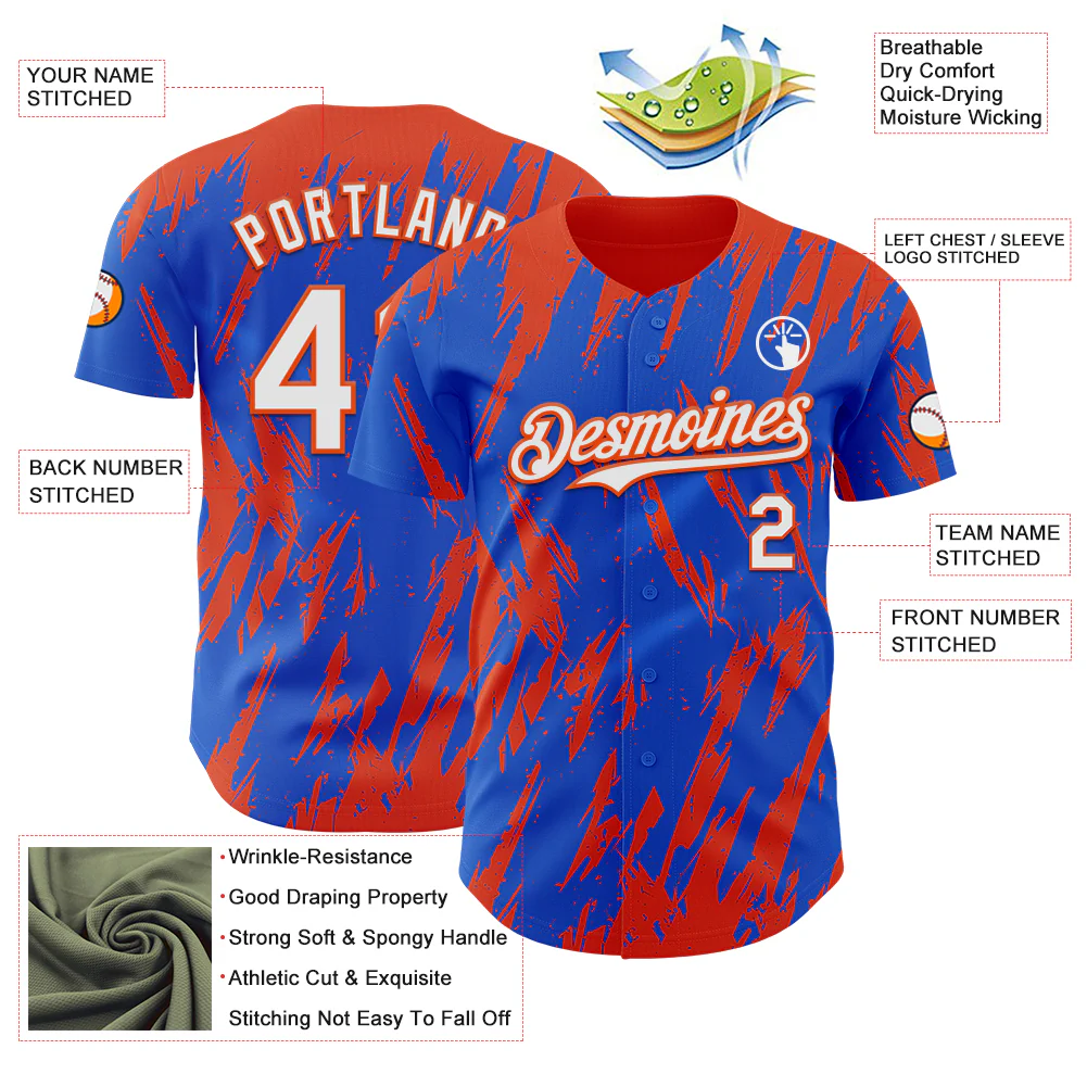 Custom Thunder Blue White-Orange Splatter Torn Sharp Brush Stroke Authentic Baseball Jersey - Image 3
