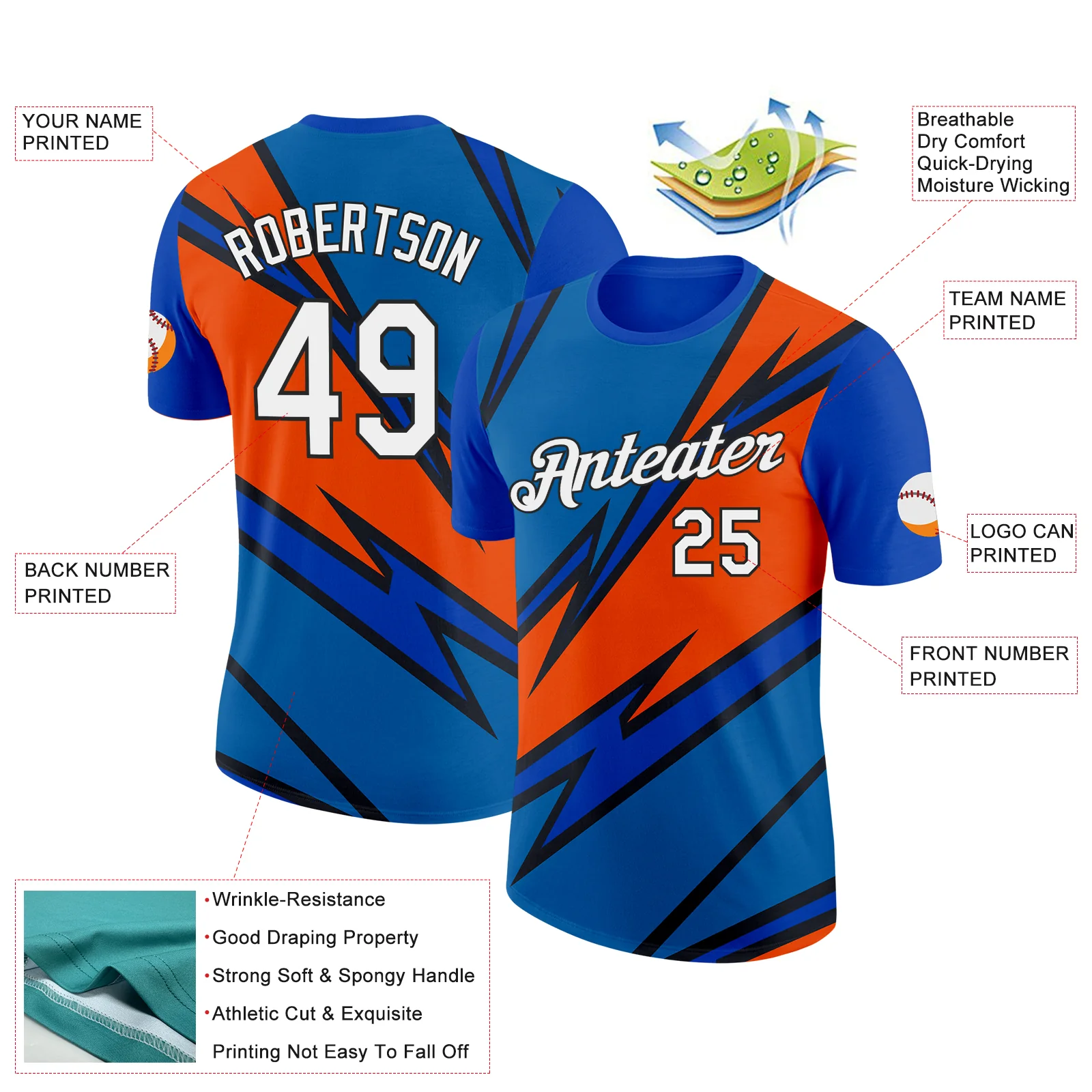 Custom Thunder Blue Orange-Black 3D Esports Performance T-Shirt - Image 2