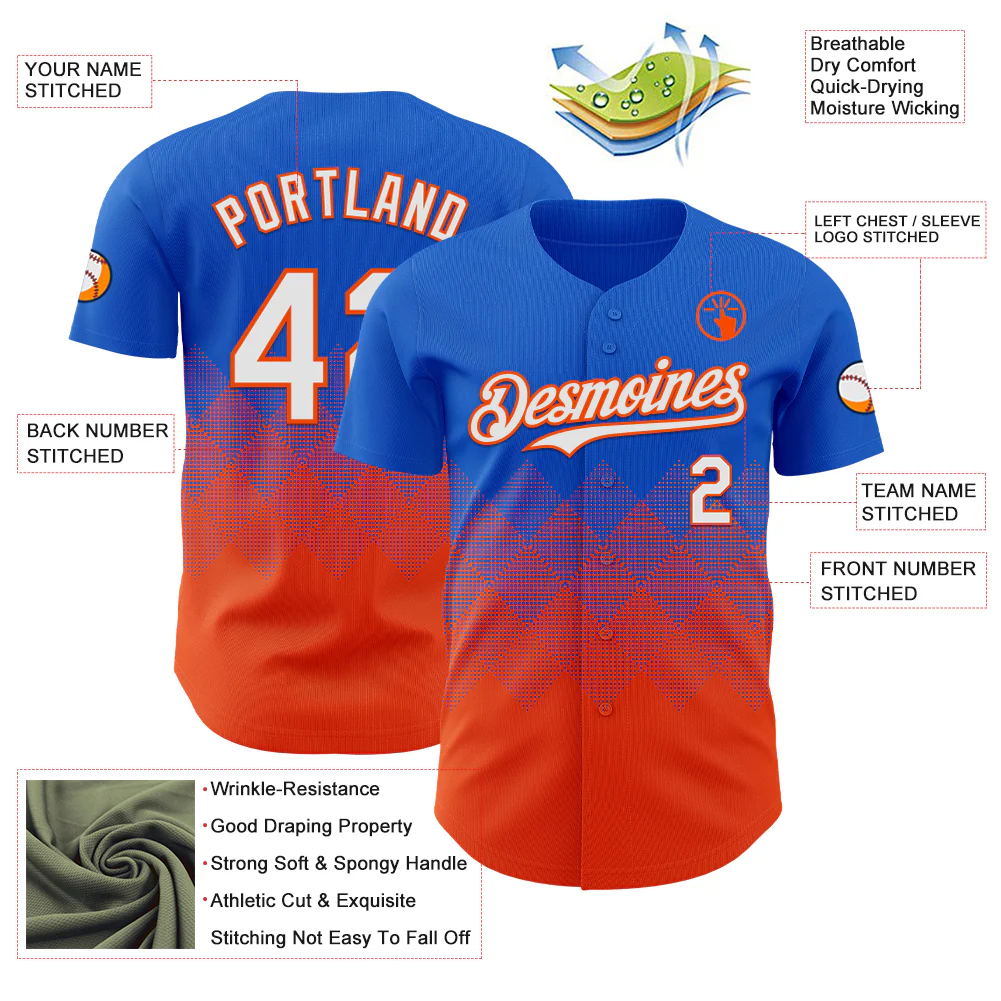 Custom Thunder Blue White-Orange 3D Gradient Square Shape Authentic Baseball Jersey - Image 3