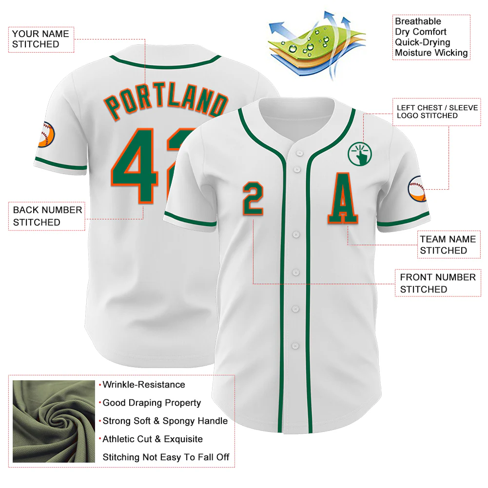 Custom White Kelly Green-Orange Authentic Baseball Jersey - Image 2