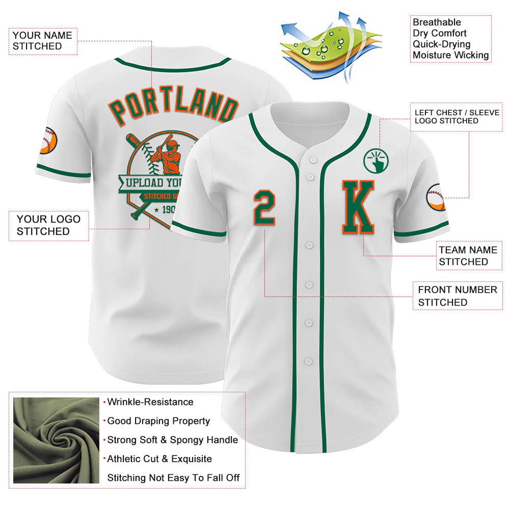 Custom White Kelly Green-Orange Authentic Baseball Jersey - Image 6
