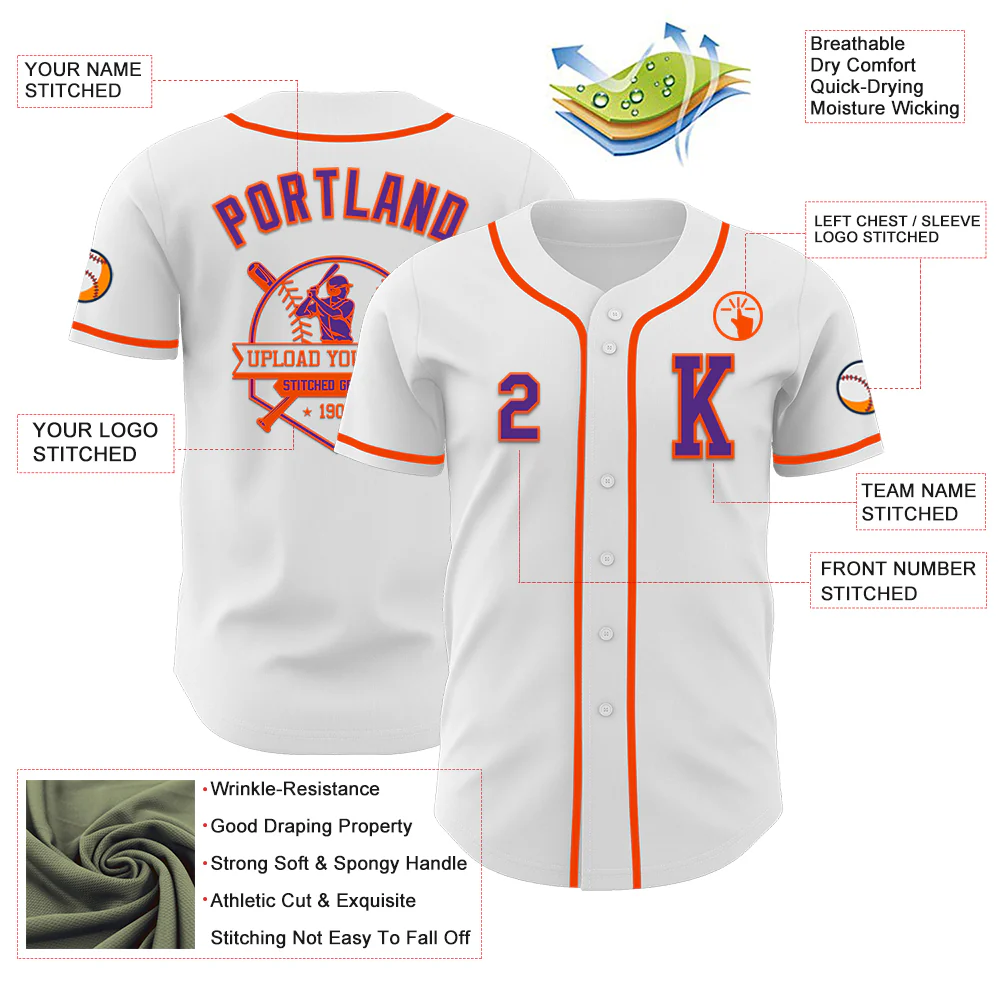 Custom White Purple-Orange Authentic Baseball Jersey - Image 6
