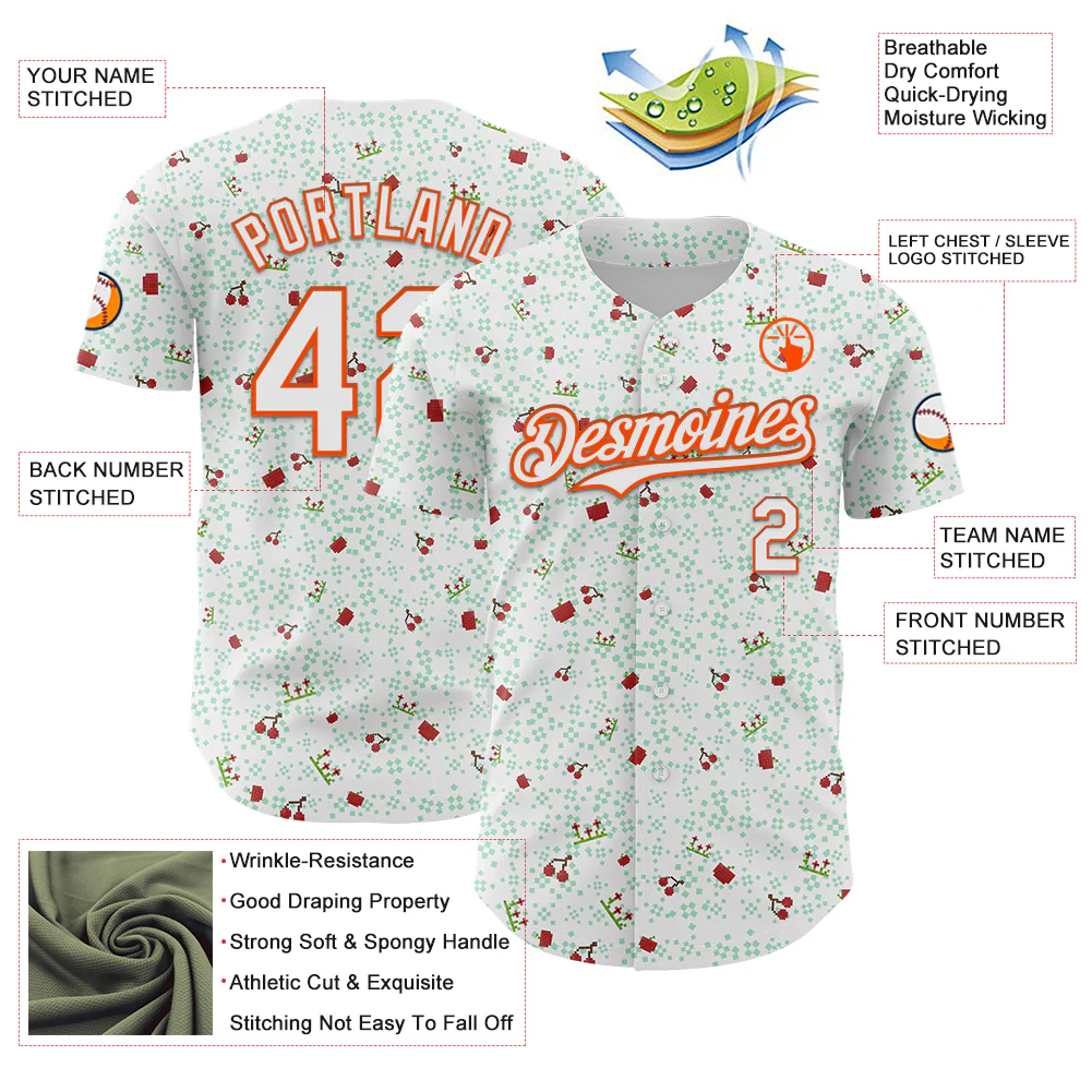 Custom White Orange 3D Pattern Design Retro Pixel Arcade Game Authentic Baseball Jersey - Image 3