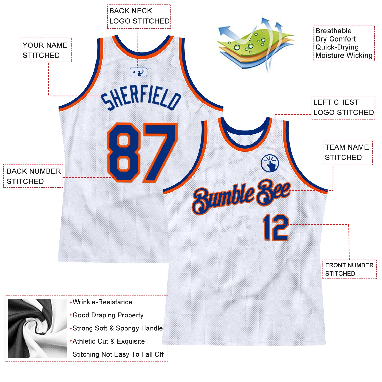 Custom White Royal-Orange Authentic Throwback Basketball Jersey - Image 2