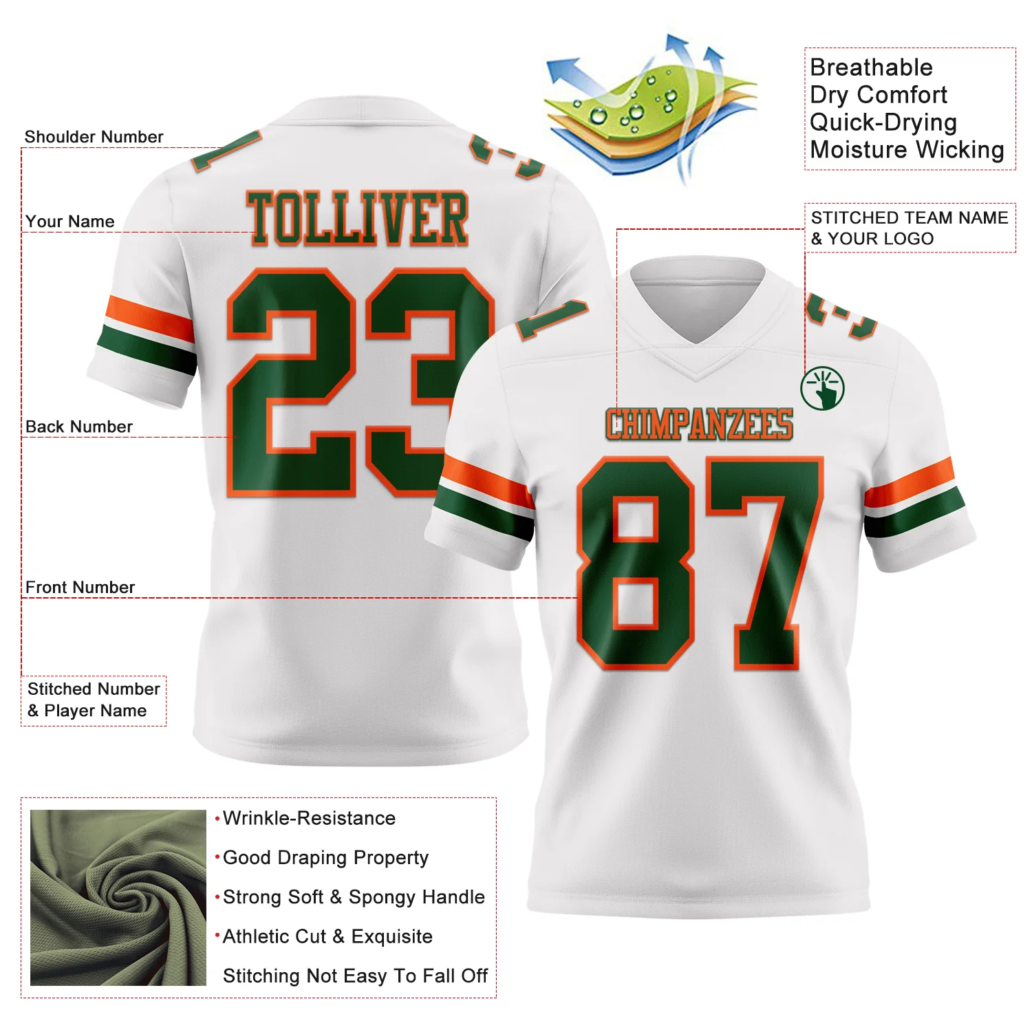 Custom White Green-Orange Authentic Football Jersey - Image 3