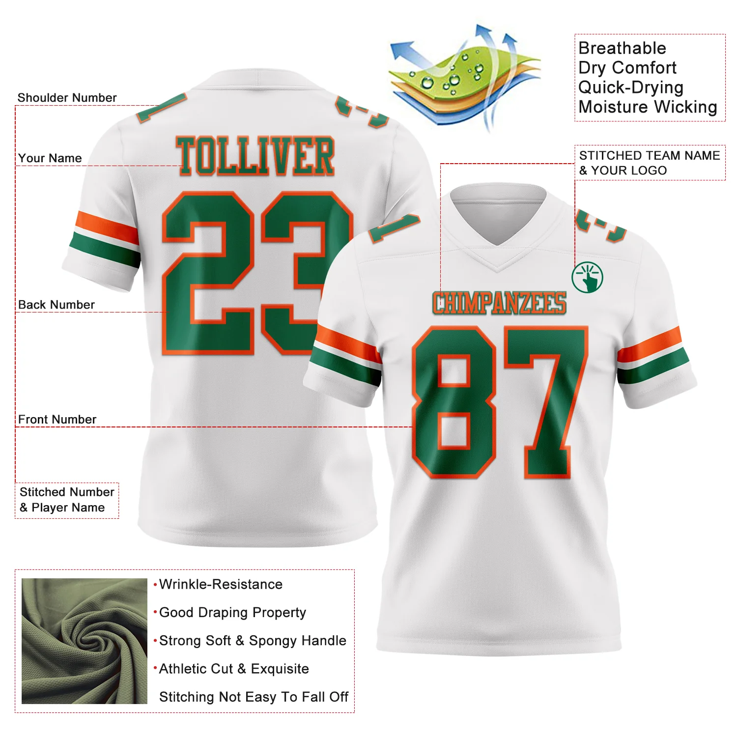 Custom White Kelly Green-Orange Authentic Football Jersey - Image 3