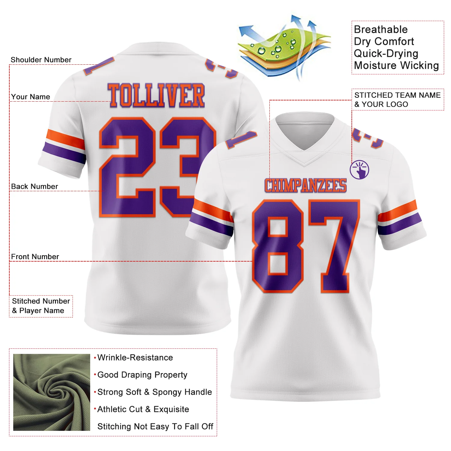 Custom White Purple-Orange Authentic Football Jersey - Image 3