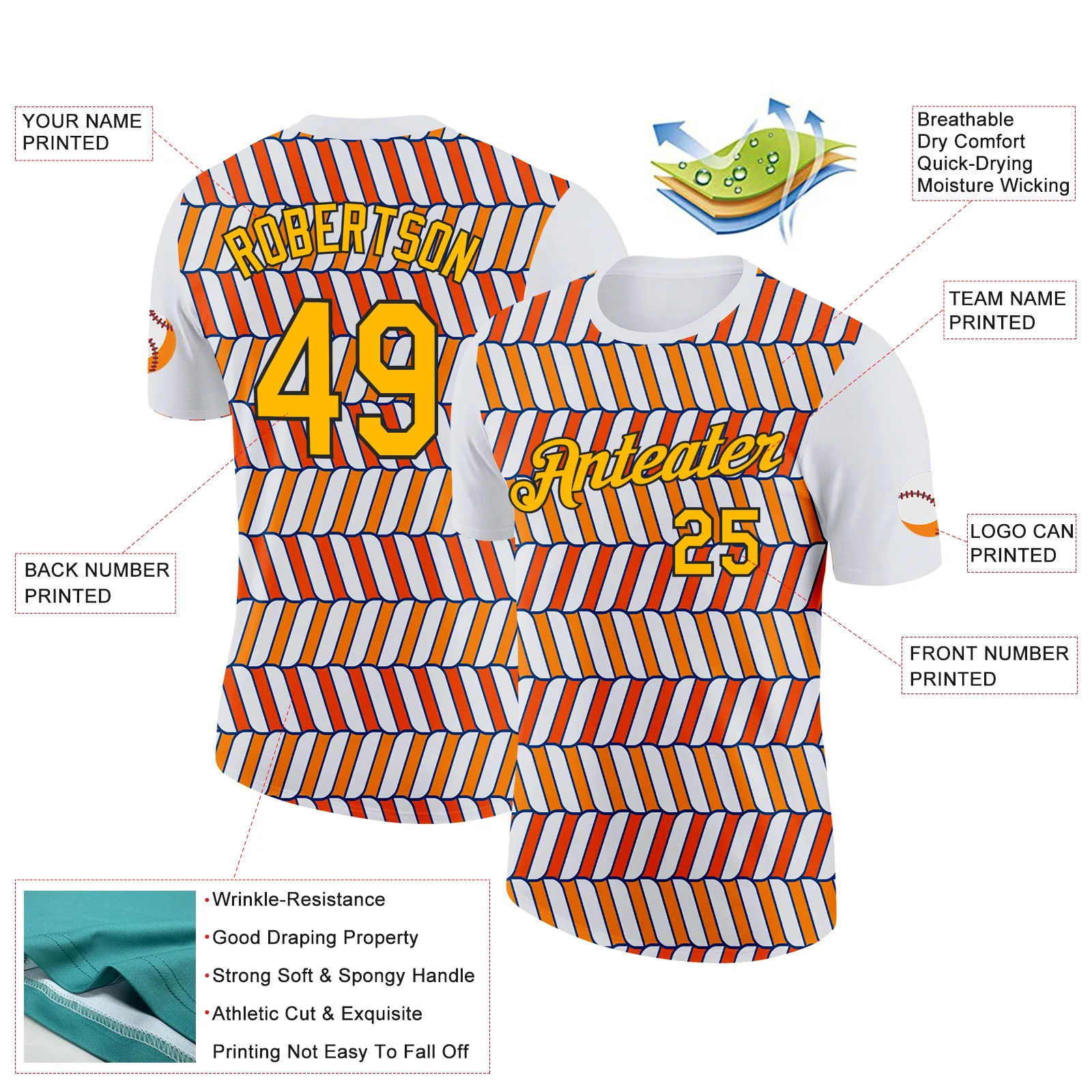 Custom White Gold Orange US Navy Blue-Black 3D Esports Performance T-Shirt - Image 2