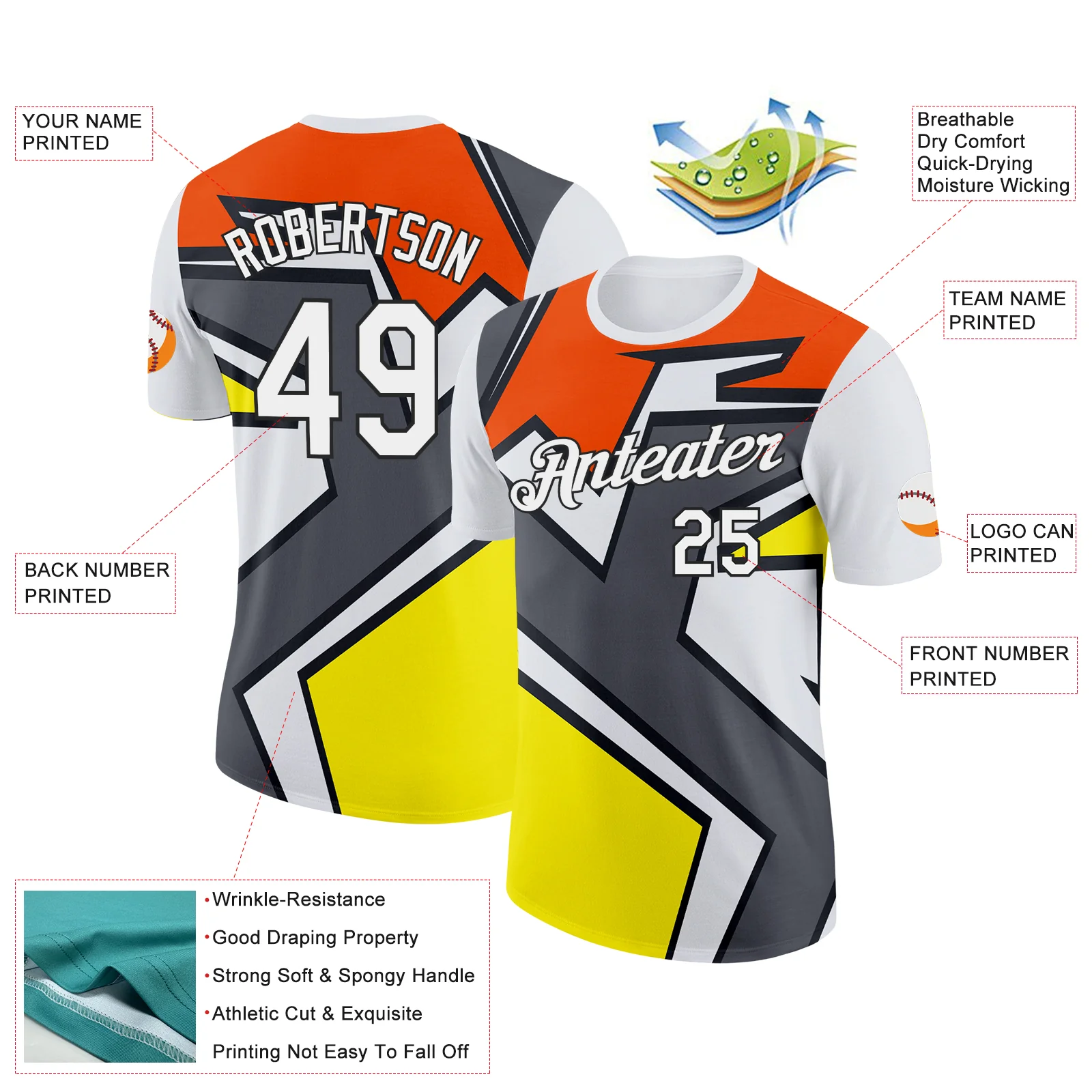Custom White Orange Steel Gray Light Yellow-Black 3D Esports Performance T-Shirt - Image 2