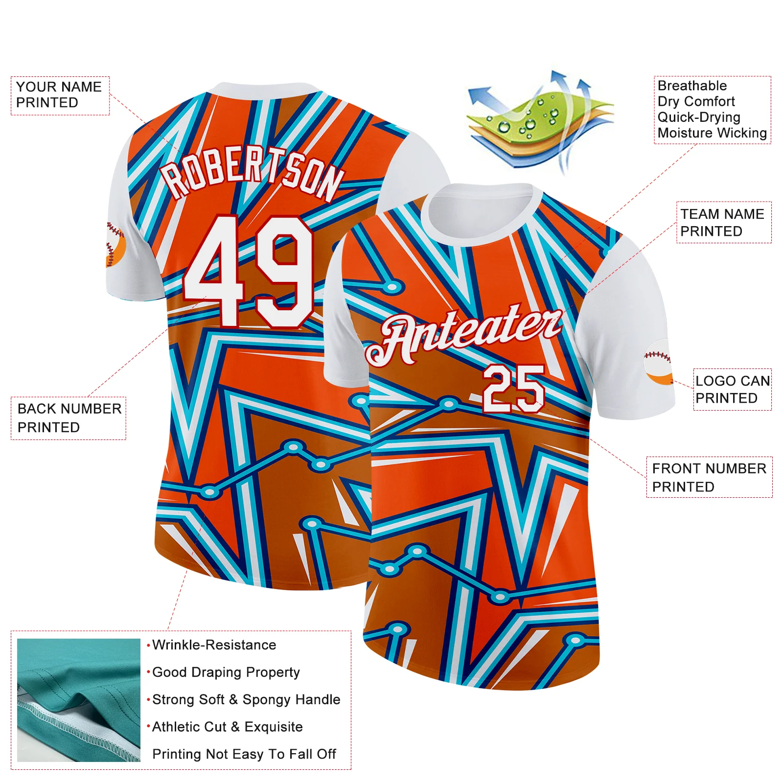 Custom White Orange US Navy Blue Lakes Blue-Red 3D Esports Performance T-Shirt - Image 2