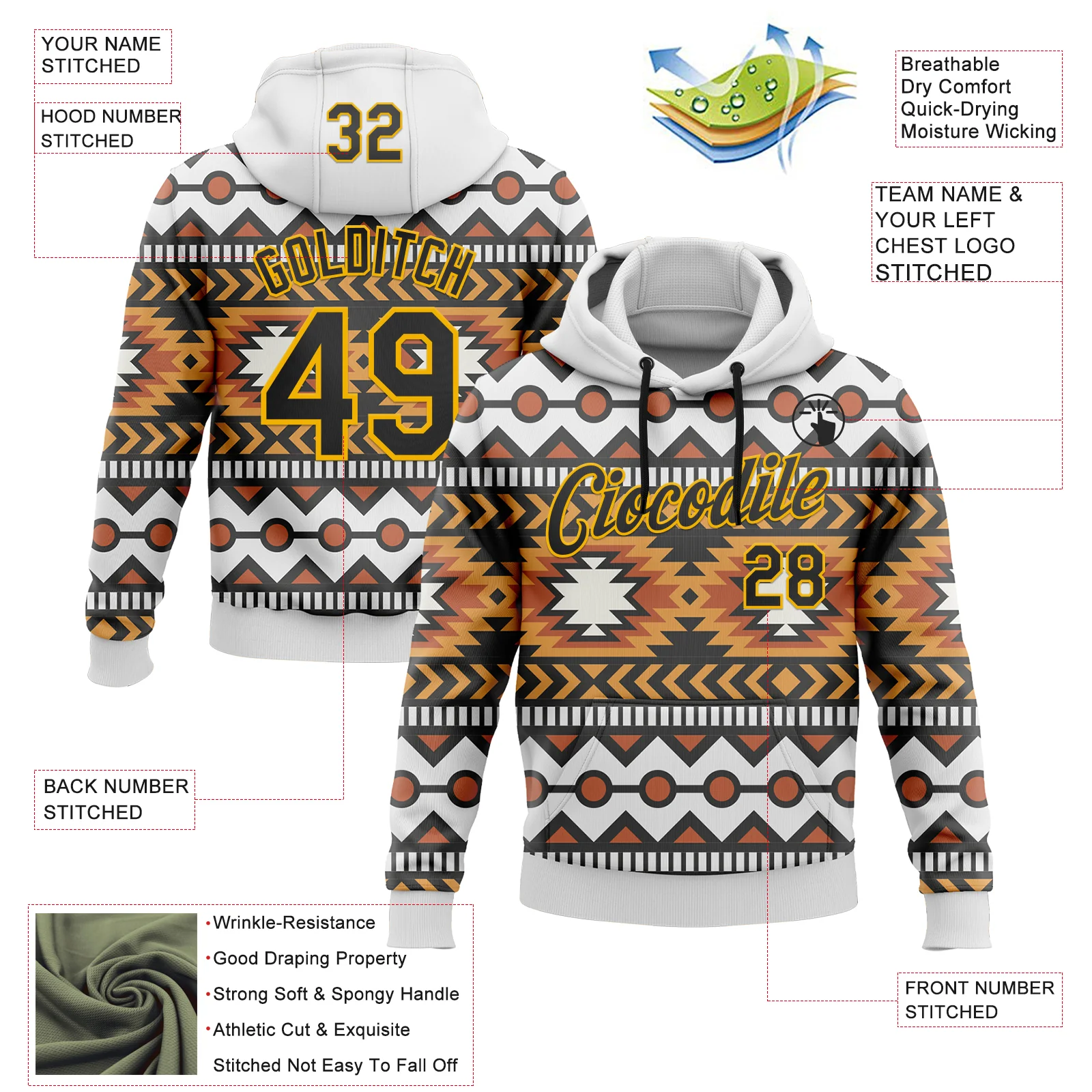 Custom Stitched White Black Orange-Gold 3D Mexico Aztec Pattern Sports Pullover Sweatshirt Hoodie - Image 2