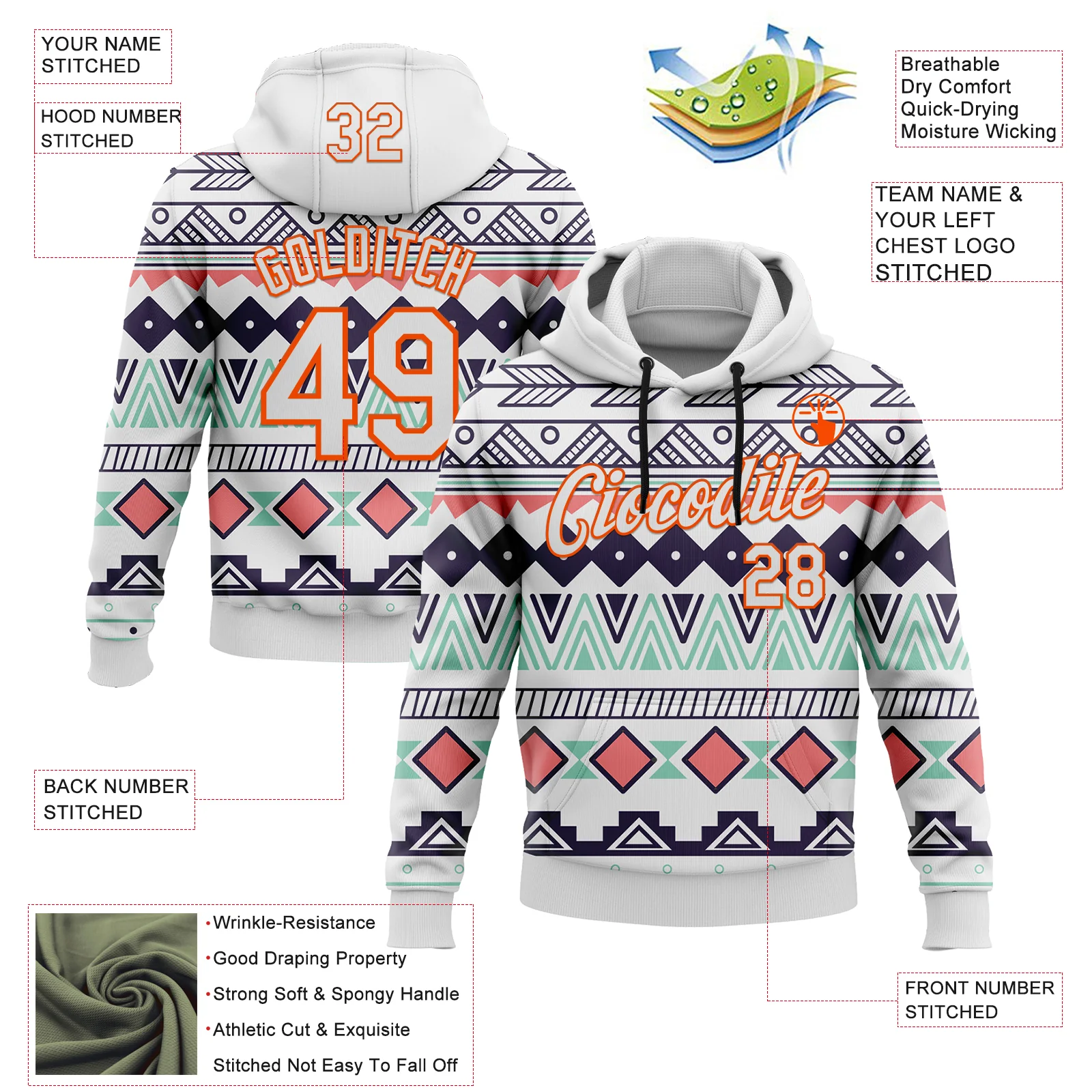 Custom Stitched White Orange 3D Pattern Design Tribal Ethnic Native American Sports Pullover Sweatshirt Hoodie - Image 2