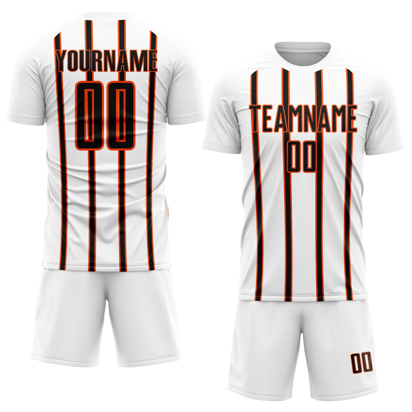 Custom White Black-Orange Stripe Line Sublimation Soccer Uniform Jersey - Image 2