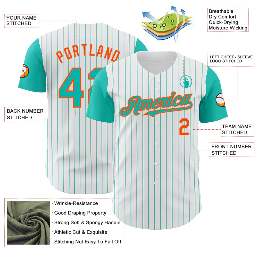 Custom White Aqua Pinstripe Orange Authentic Two Tone Baseball Jersey - Image 3