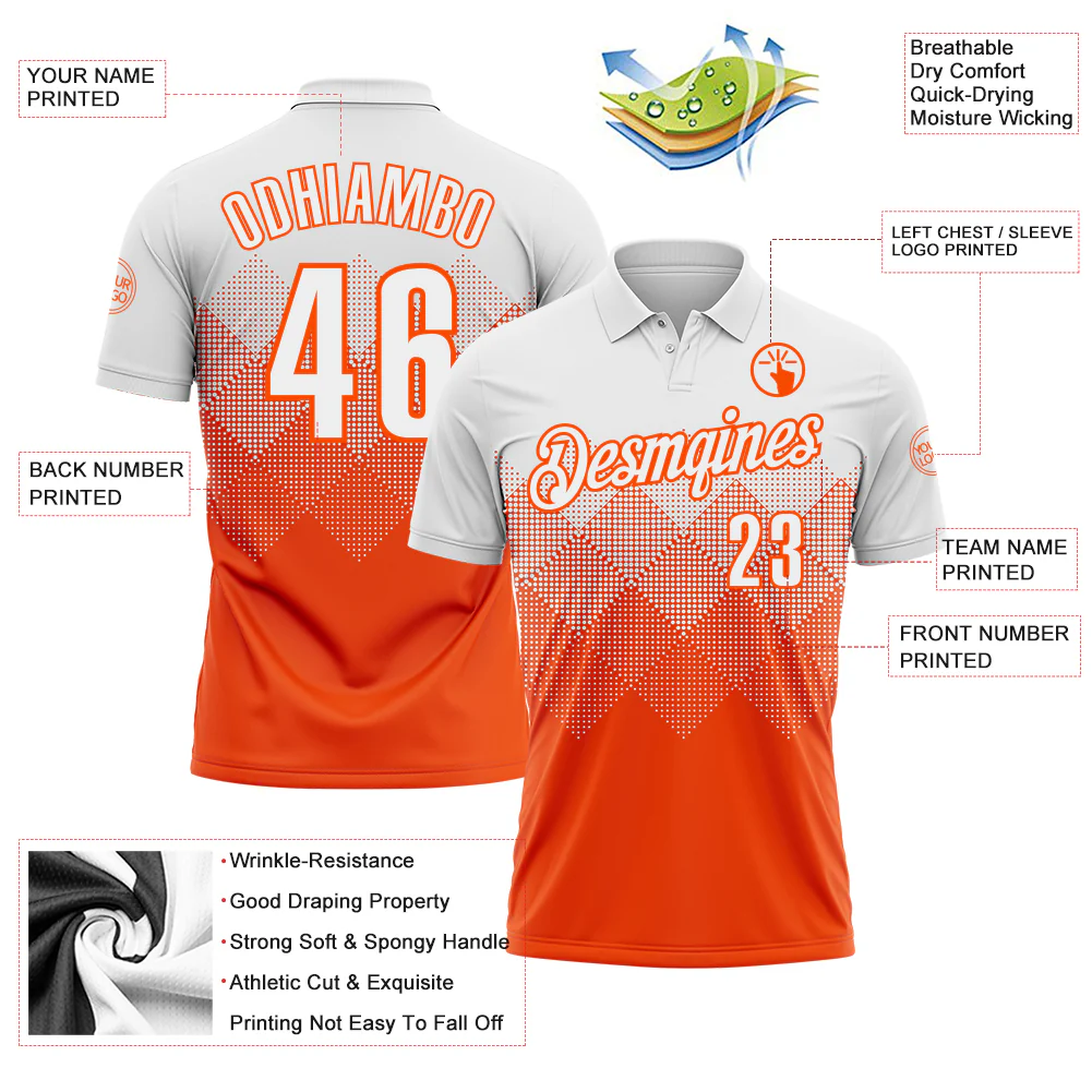 Custom White Orange 3D Pattern Design Gradient Square Shape Performance Polo Shirt - Image 3