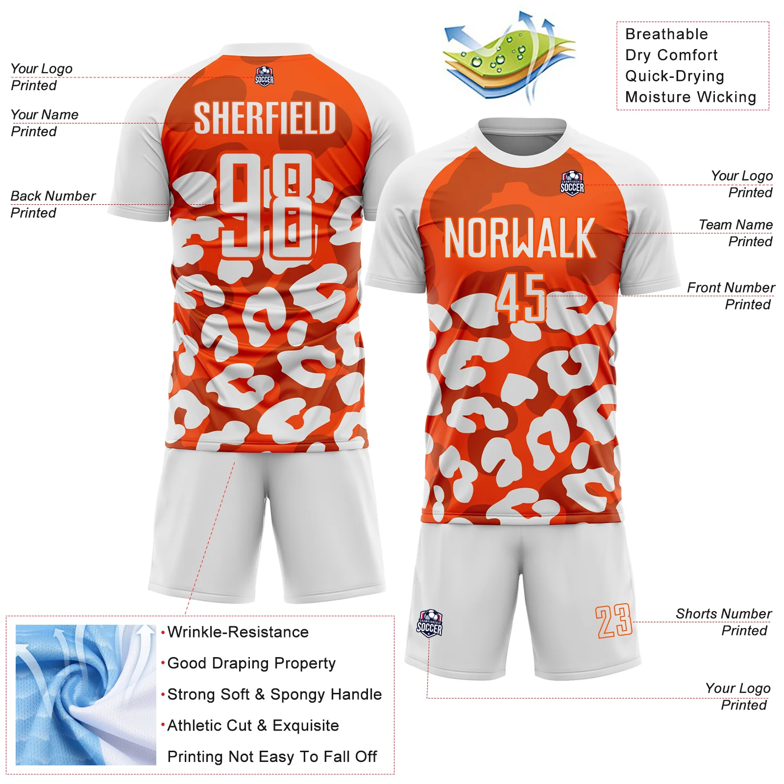 Custom White Orange Animal Leopard Print Sports Sublimation Soccer Uniform Jersey - Image 4