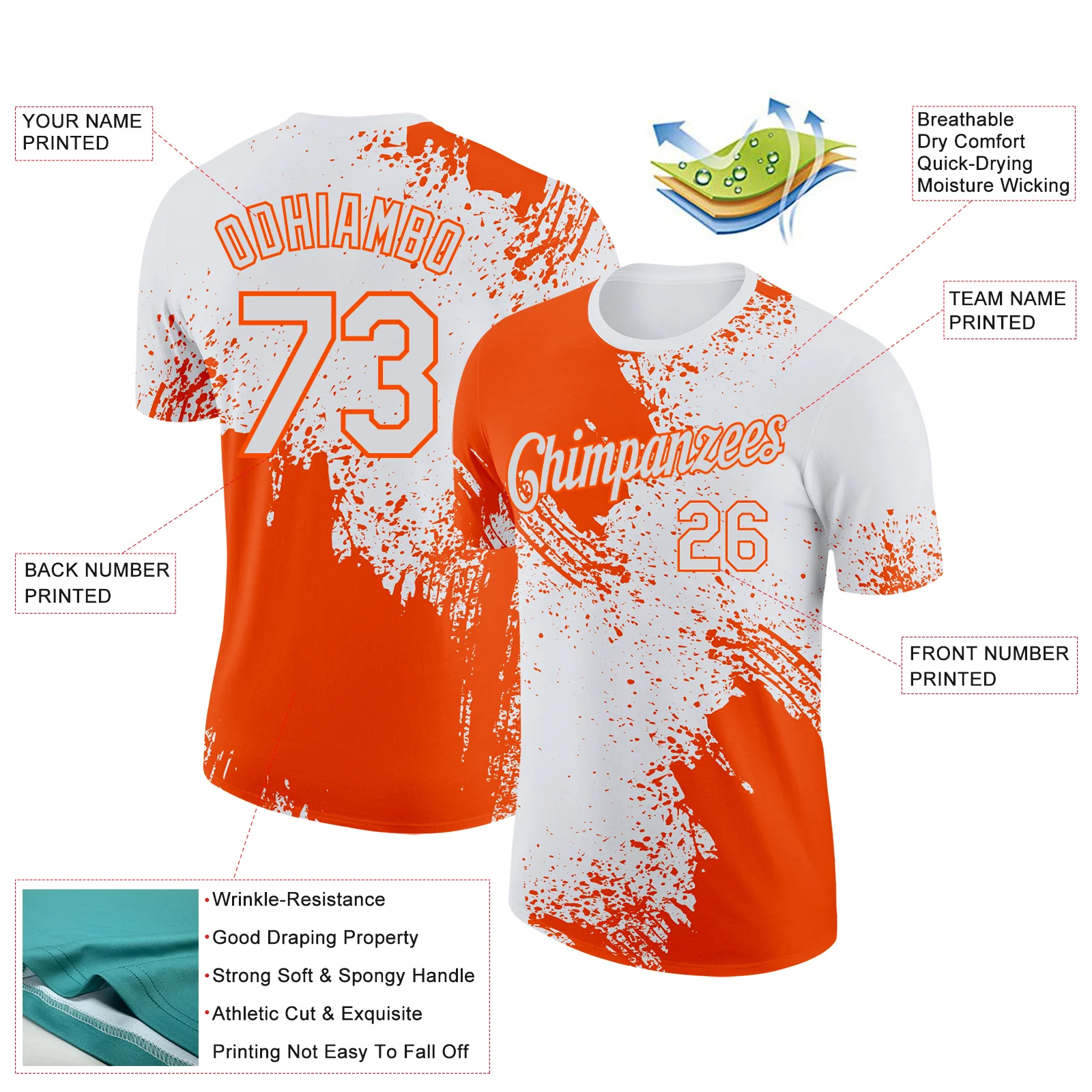 Custom White Orange 3D Pattern Design Abstract Brush Stroke Performance T-Shirt - Image 2