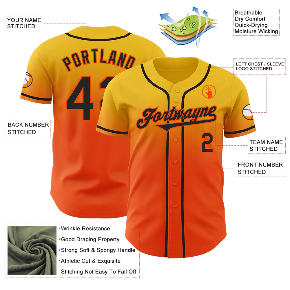 Custom Yellow Black-Orange Authentic Fade Fashion Baseball Jersey - Image 3